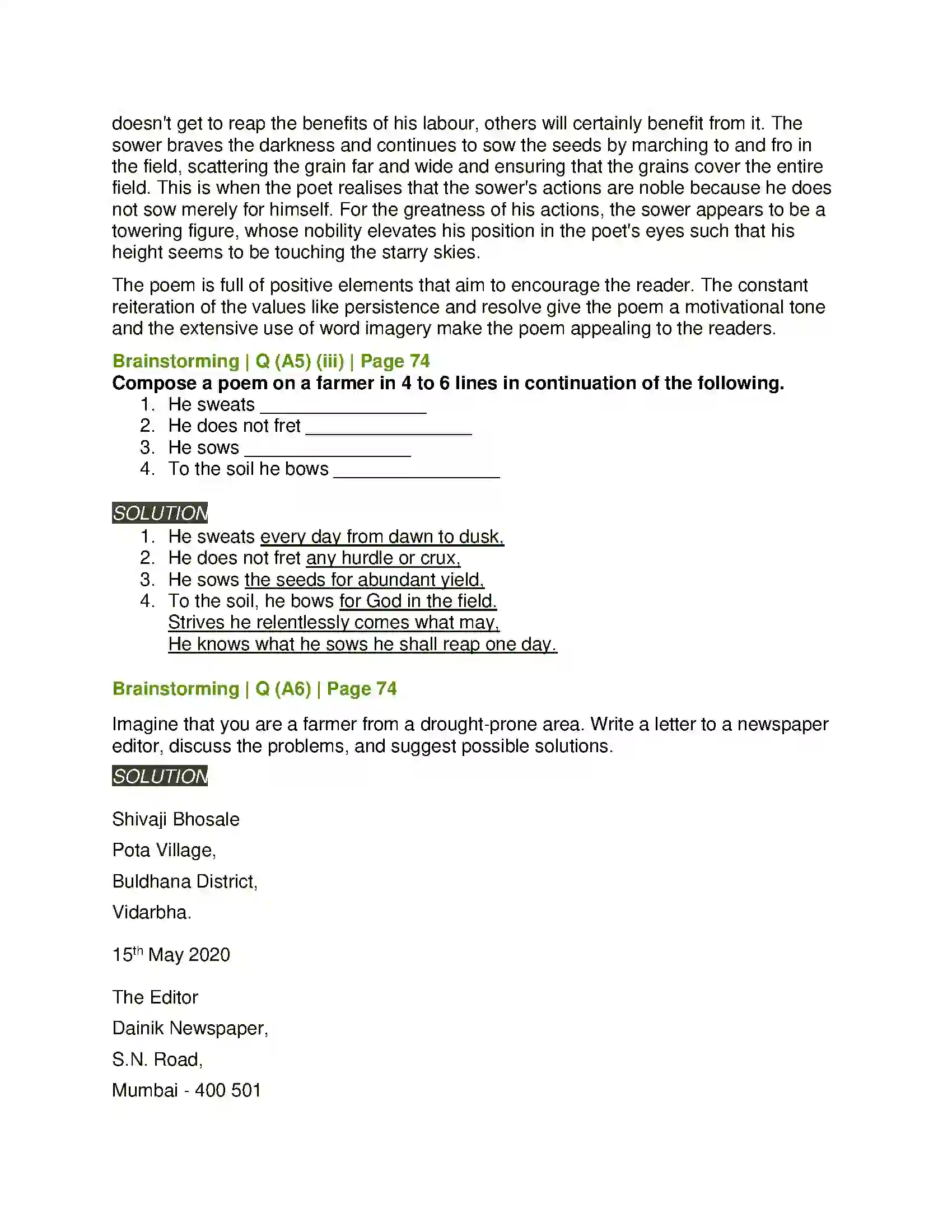 Maharashtra Board Class 11th English 2.2 The Sower Solution 8