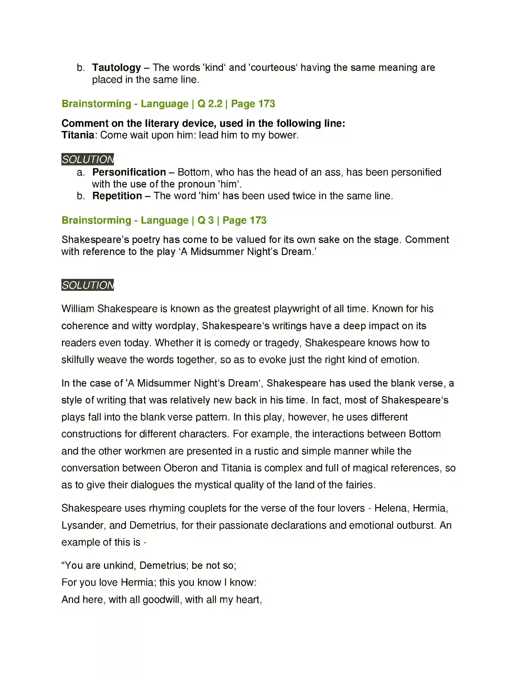 Maharashtra Board Class 11th English 4.3 Extracts of Drama - (A) A Midsummer - Nights Dream Solution 13