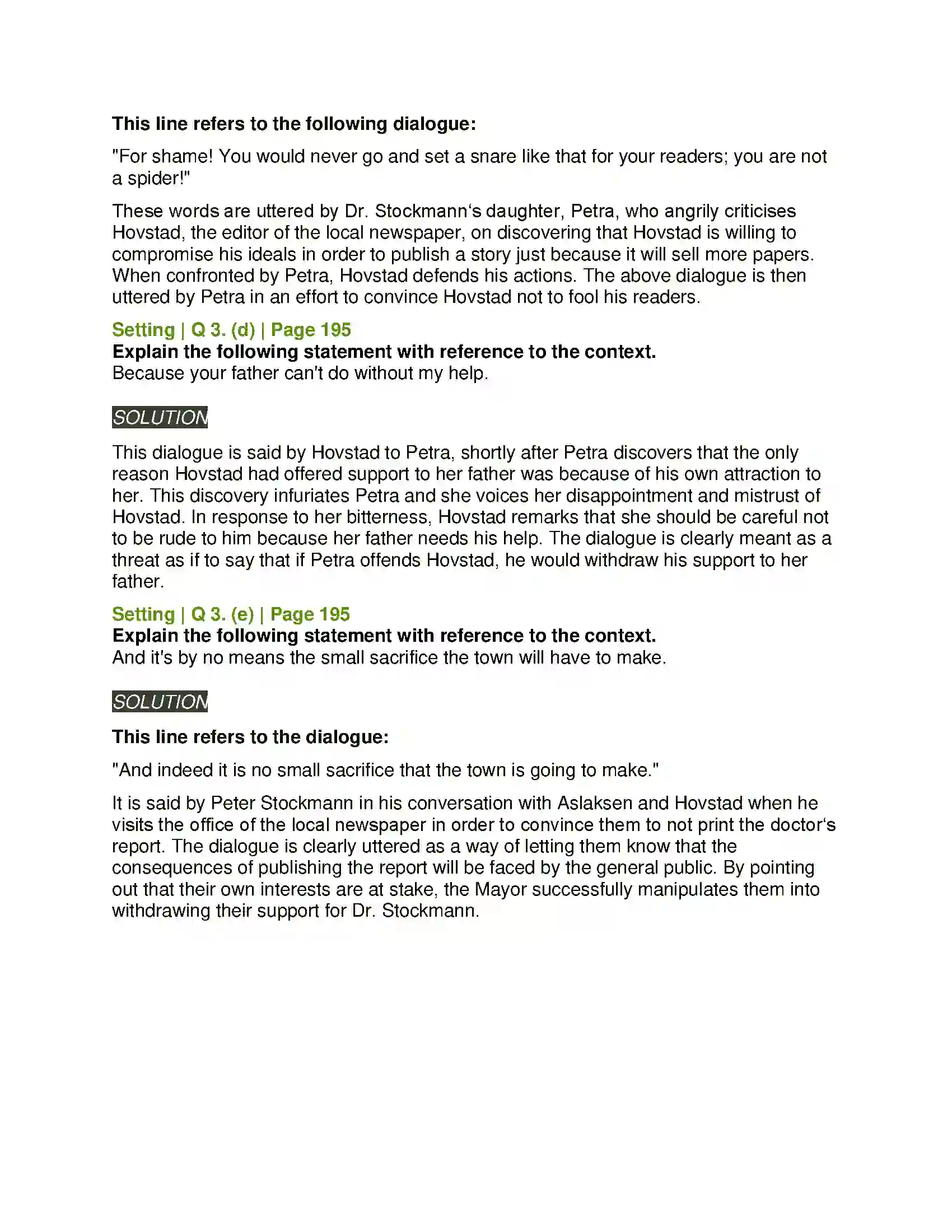 Maharashtra Board Class 11th English 4.3 Extracts of Drama - (B) An Enemy of the People Solution 9