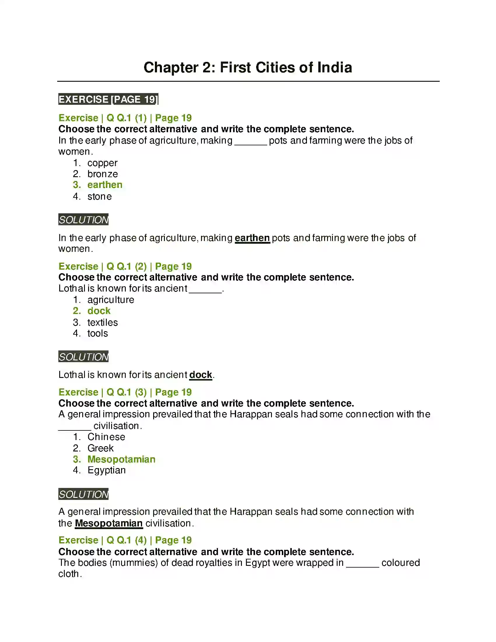 Maharashtra Board Class 11th History First Cities of India Solution 1