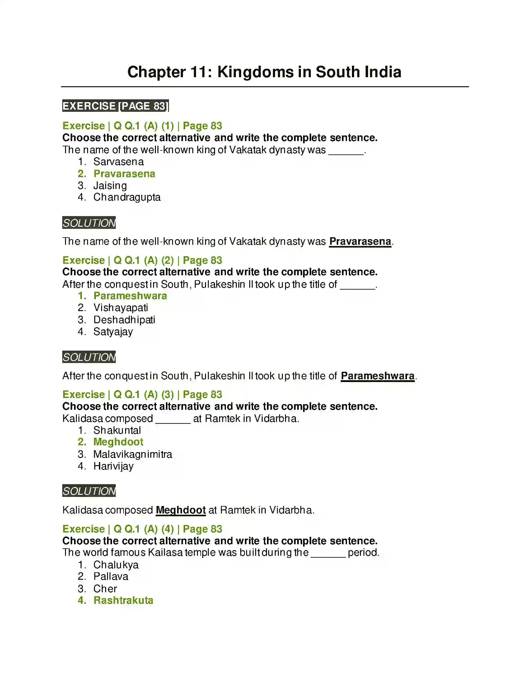 Maharashtra Board Class 11th History Kingdoms in South India Solution 1