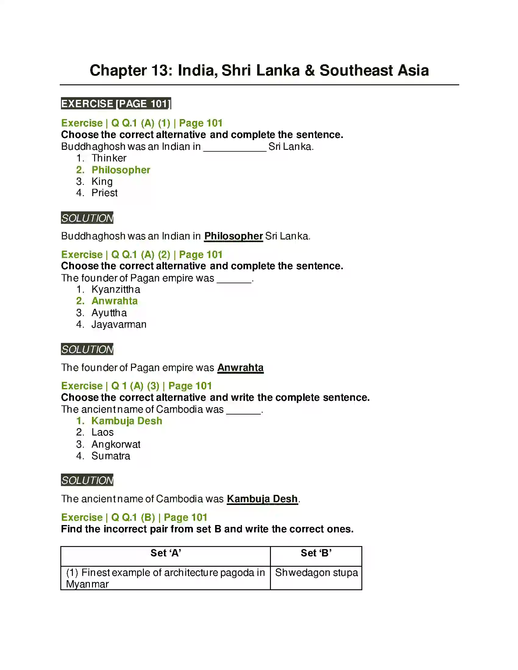 Maharashtra Board Class 11th History India, Shri Lanka and Southeast Asia Solution 1