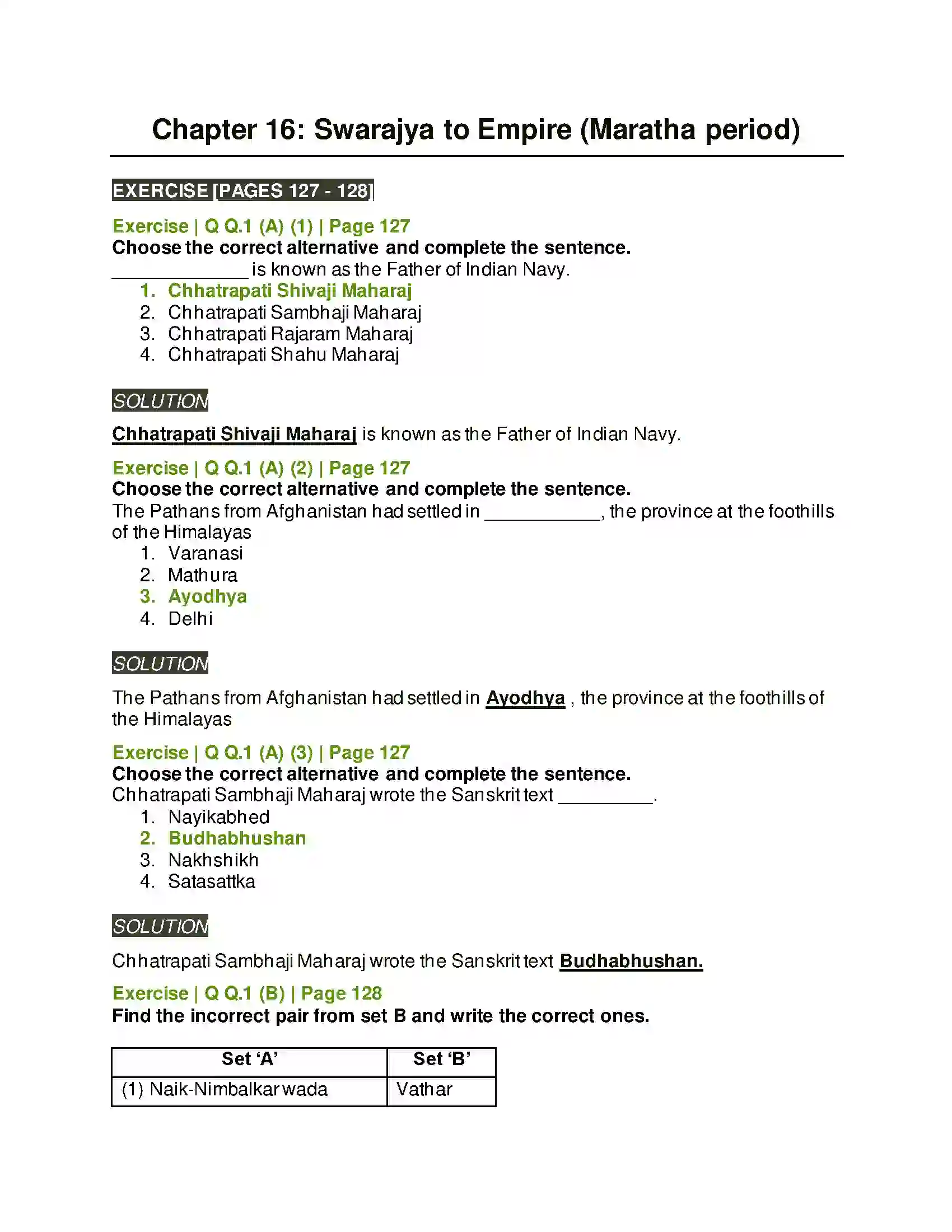 Maharashtra Board Class 11th History Swarajya to Empire (Maratha Period) Solution 1