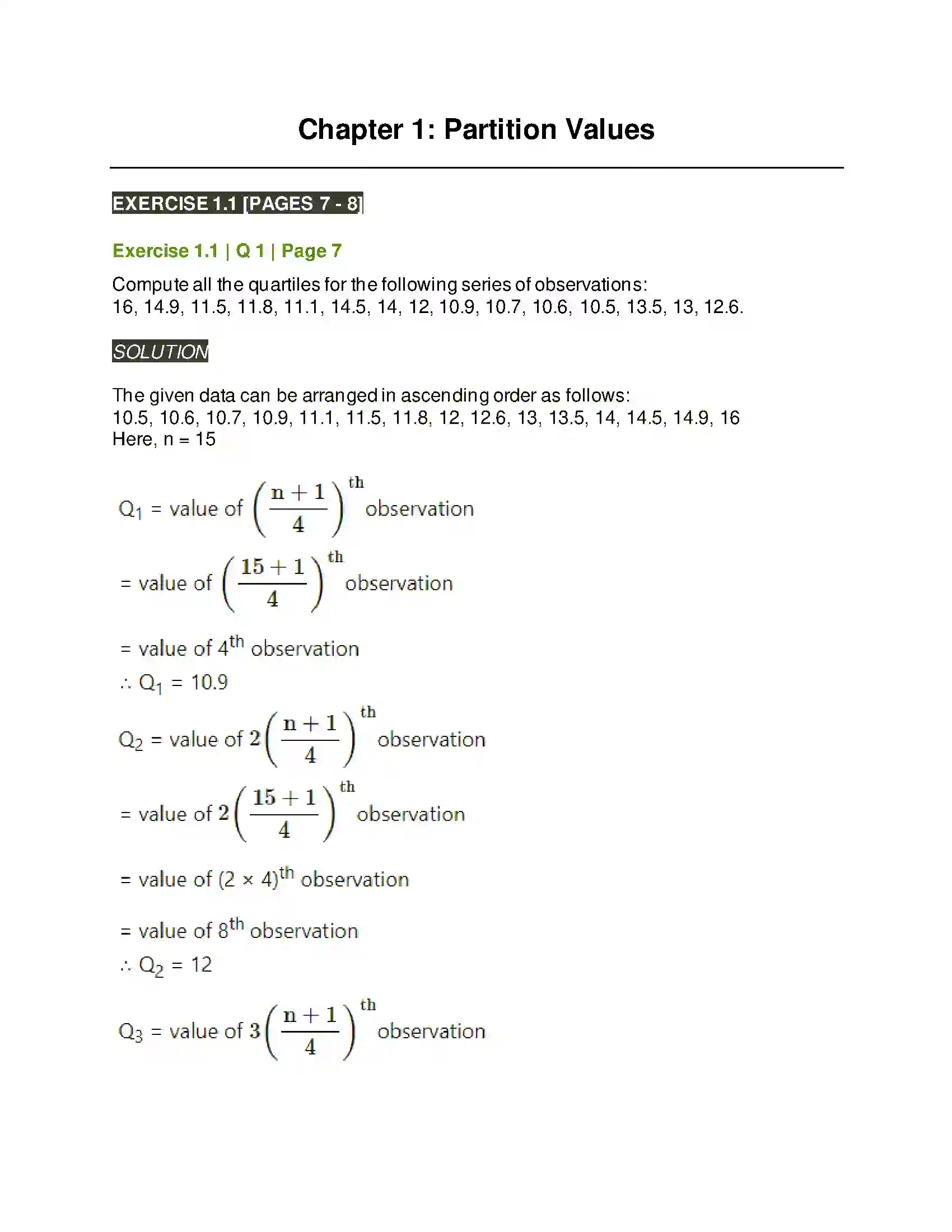 Maharashtra Board Class 11th Mathematics & Statistics - 2 Partition Values Solution 1