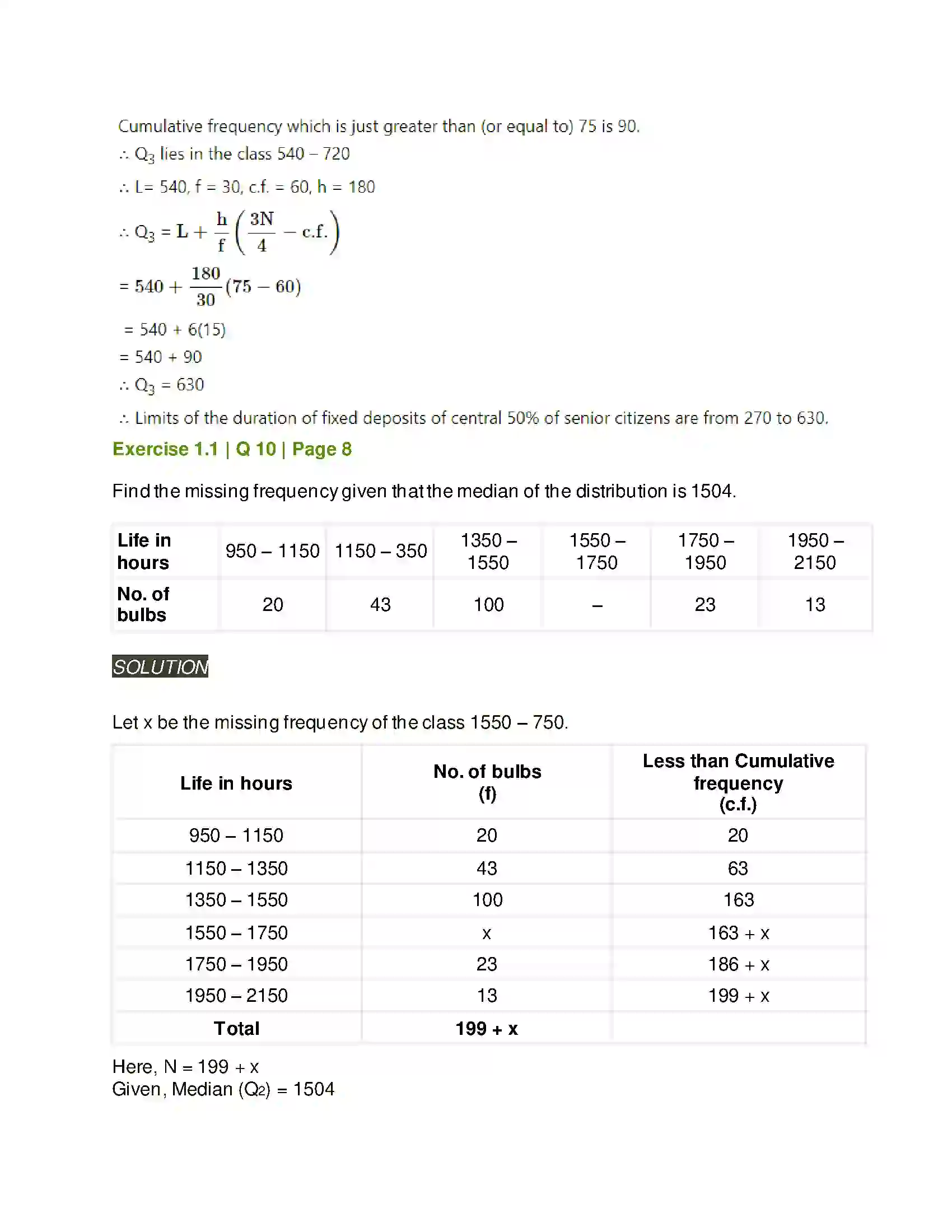Maharashtra Board Class 11th Mathematics & Statistics - 2 Partition Values Solution 15