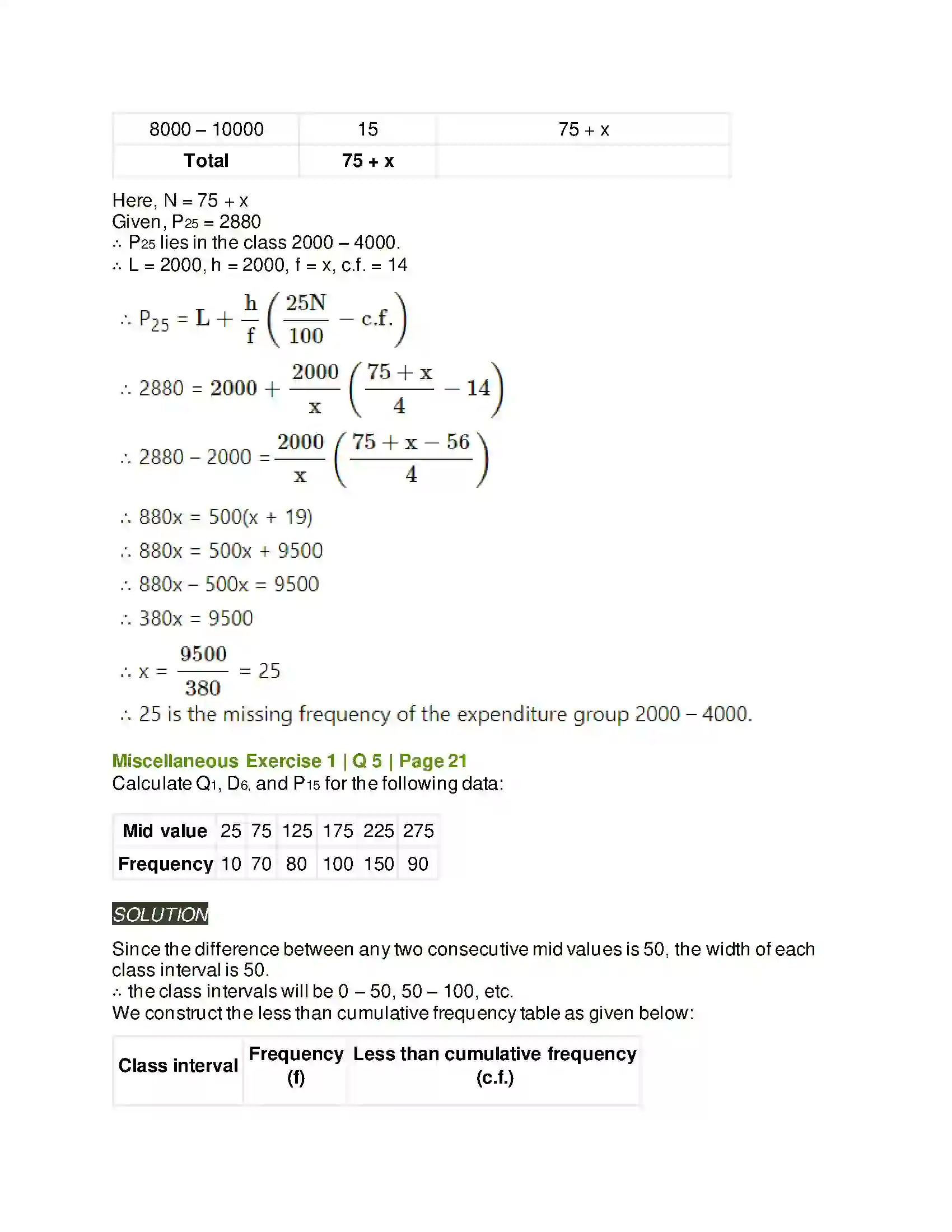 Maharashtra Board Class 11th Mathematics & Statistics - 2 Partition Values Solution 57