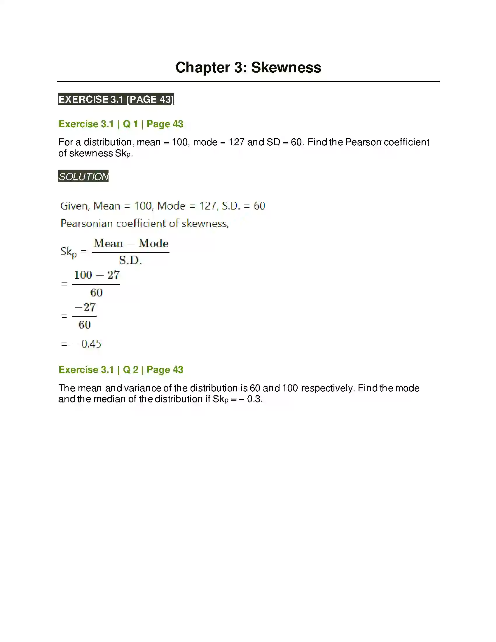 Maharashtra Board Class 11th Mathematics & Statistics - 2 Skewness Solution 1