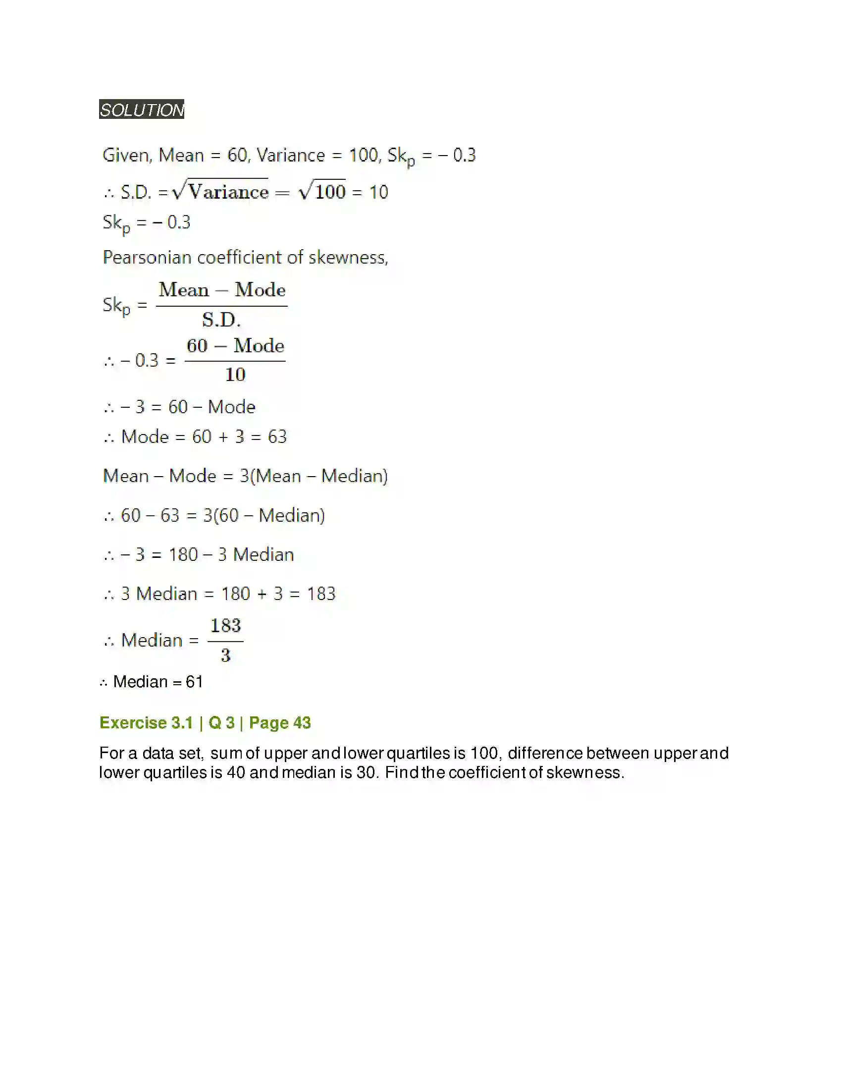 Maharashtra Board Class 11th Mathematics & Statistics - 2 Skewness Solution 2