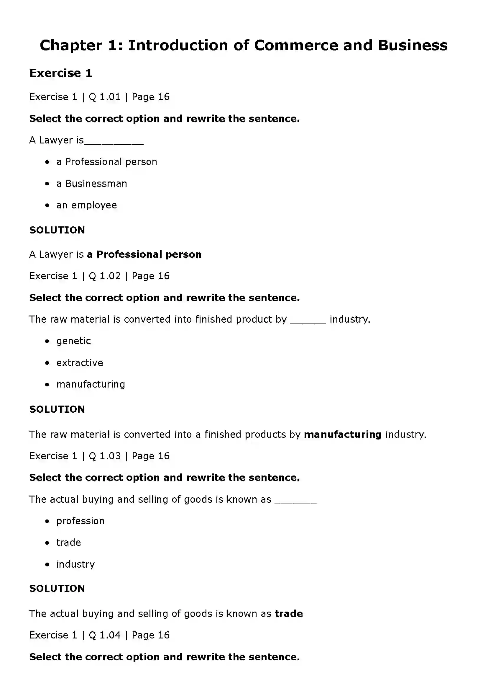 Maharashtra Board Class 11th Organisation of Commerce and Management (OC) Introduction of Commerce and Business Solution 1