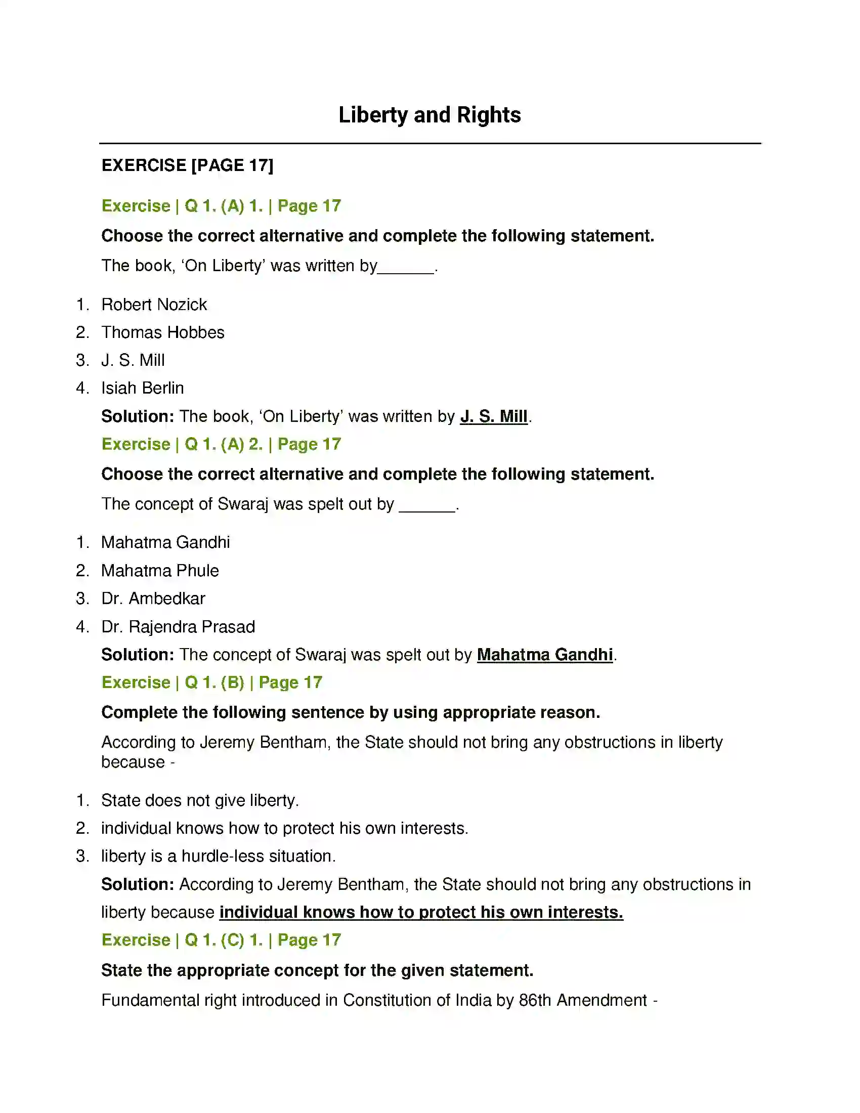 Maharashtra Board Class 11th Political Science Liberty and Rights Solution 1