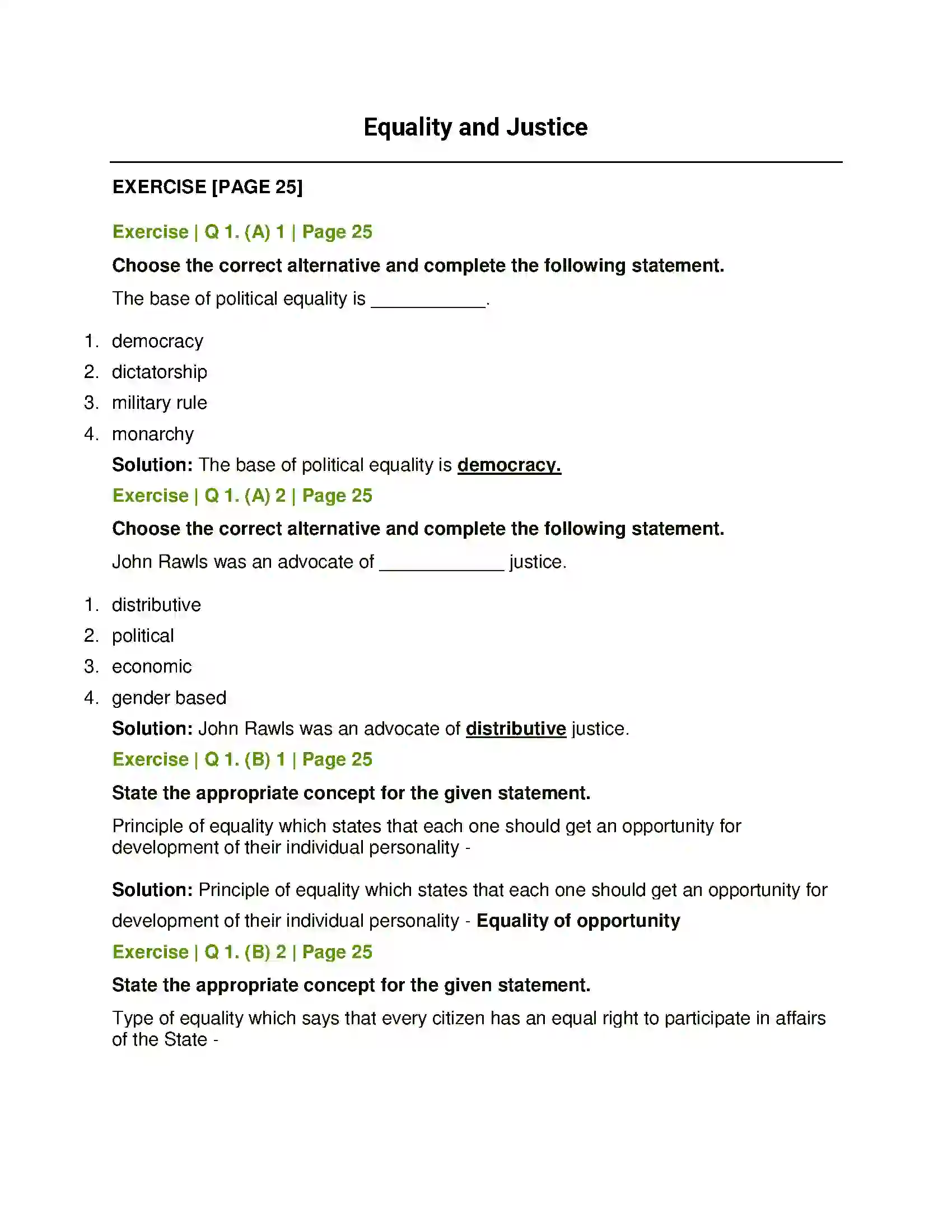 Maharashtra Board Class 11th Political Science Equality and Justice Solution 1
