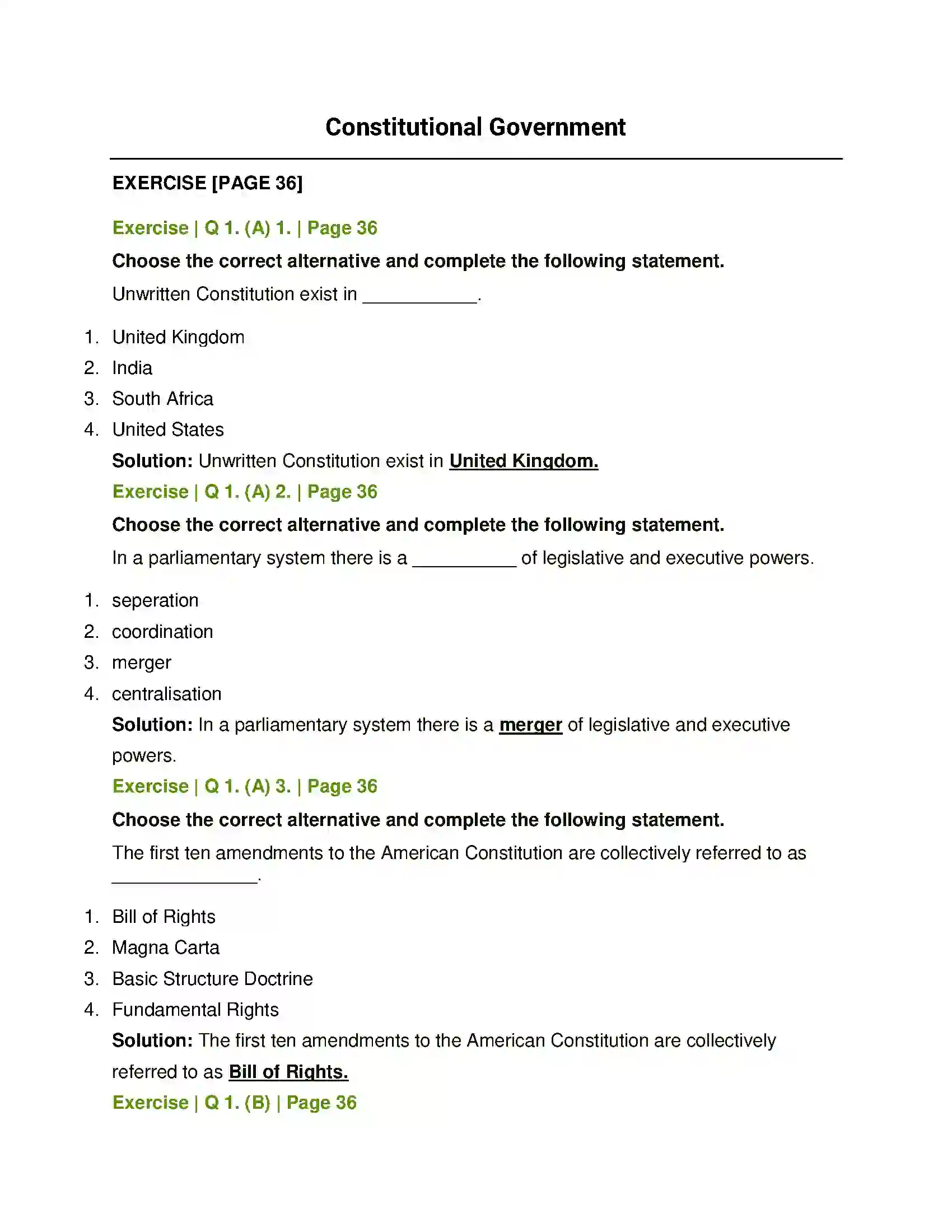 Maharashtra Board Class 11th Political Science Constitutional Government Solution 1