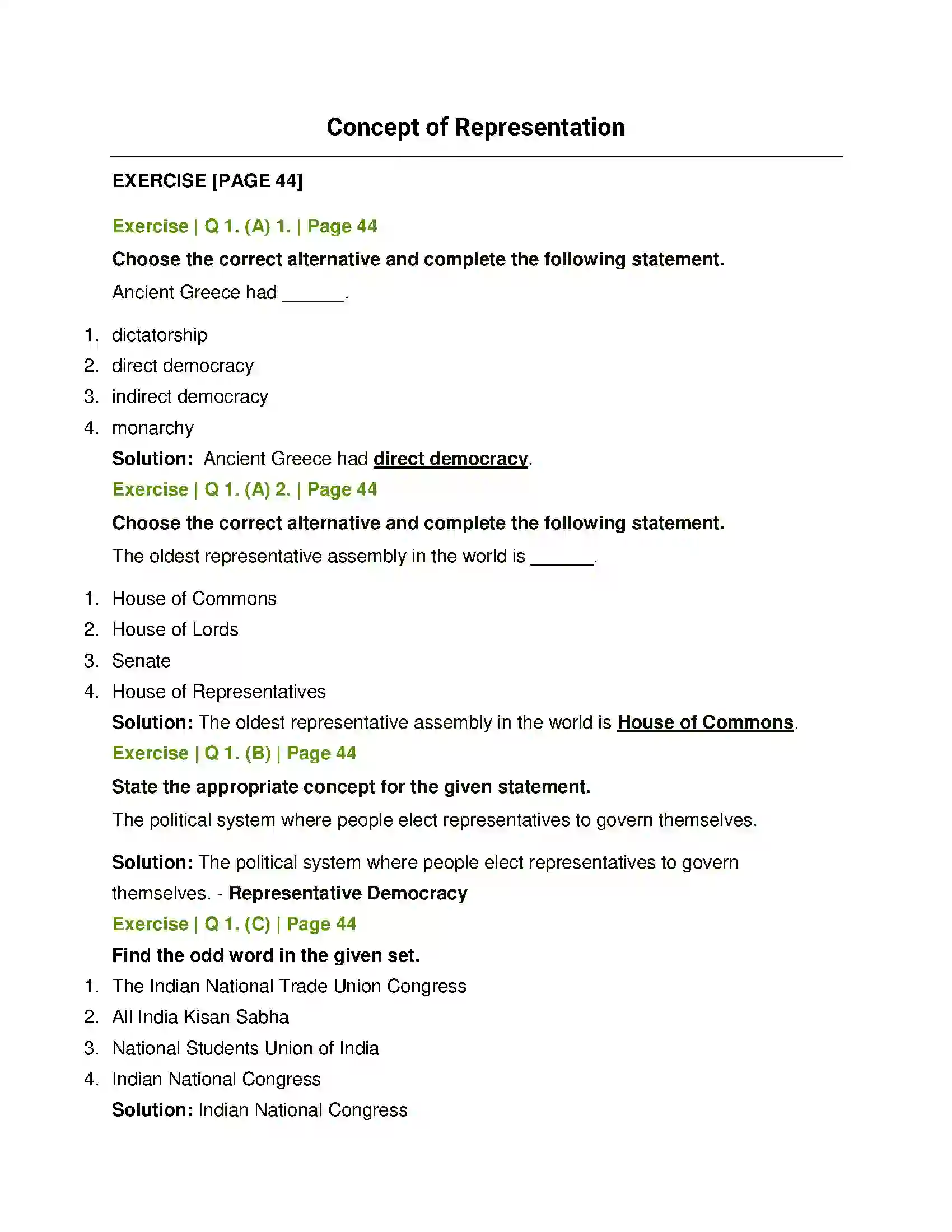 Maharashtra Board Class 11th Political Science Concept of Representation Solution 1
