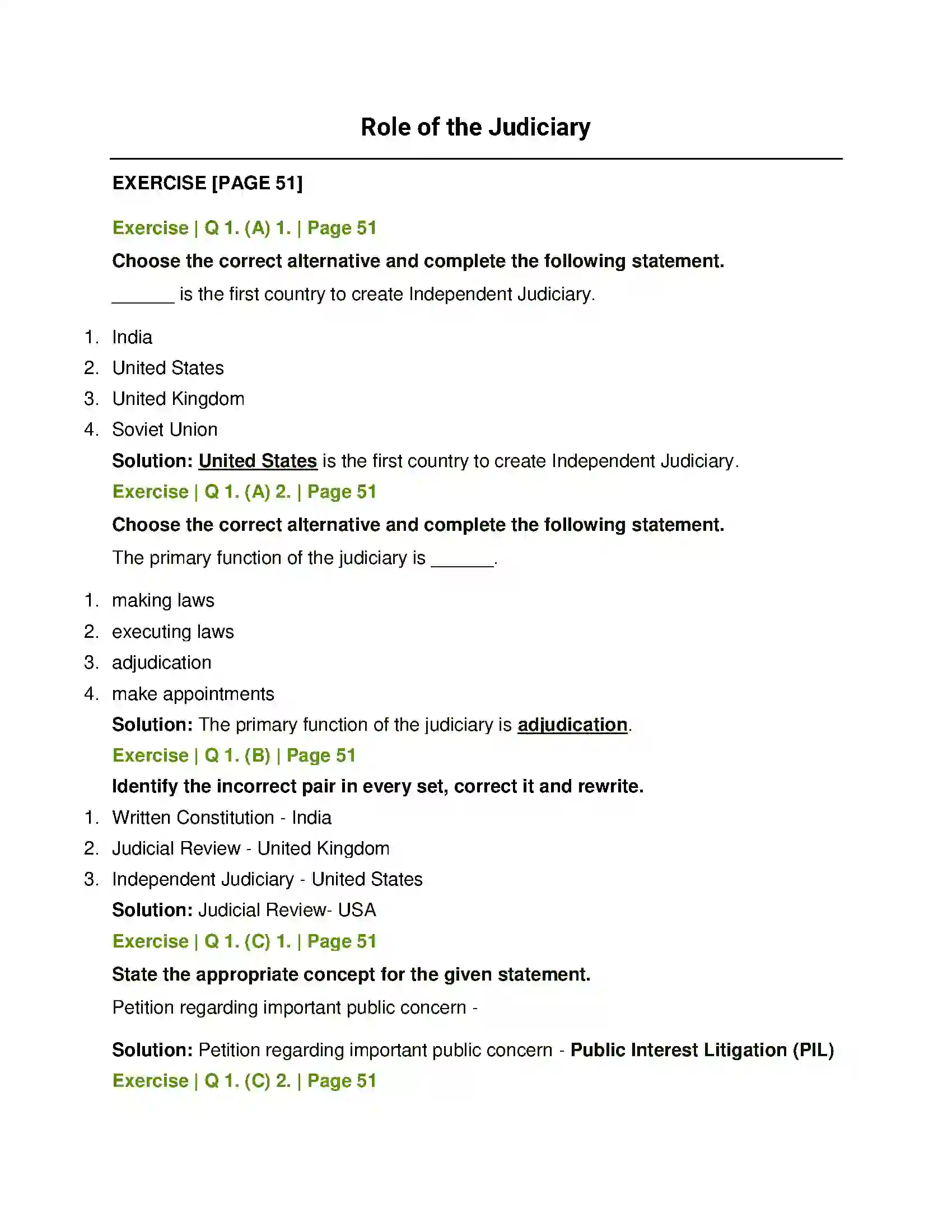 Maharashtra Board Class 11th Political Science Role of the Judiciary Solution 1