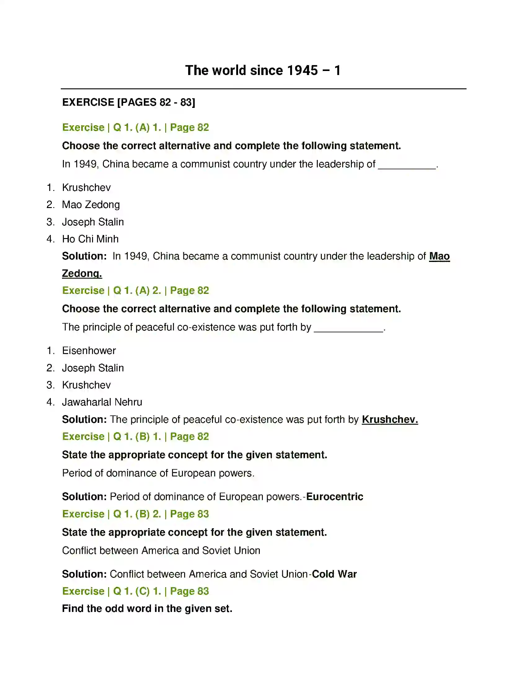 Maharashtra Board Class 11th Political Science The World Since 1945 - 1 Solution 1