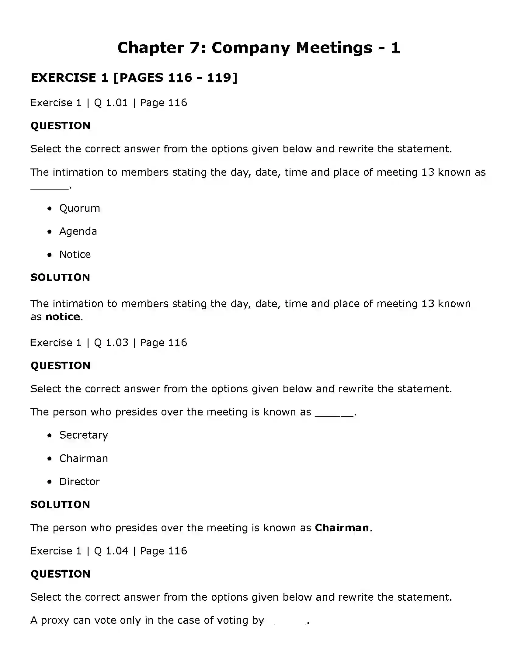 Maharashtra Board Class 11th Secretarial Practice Company Meetings - 1 Solution 1