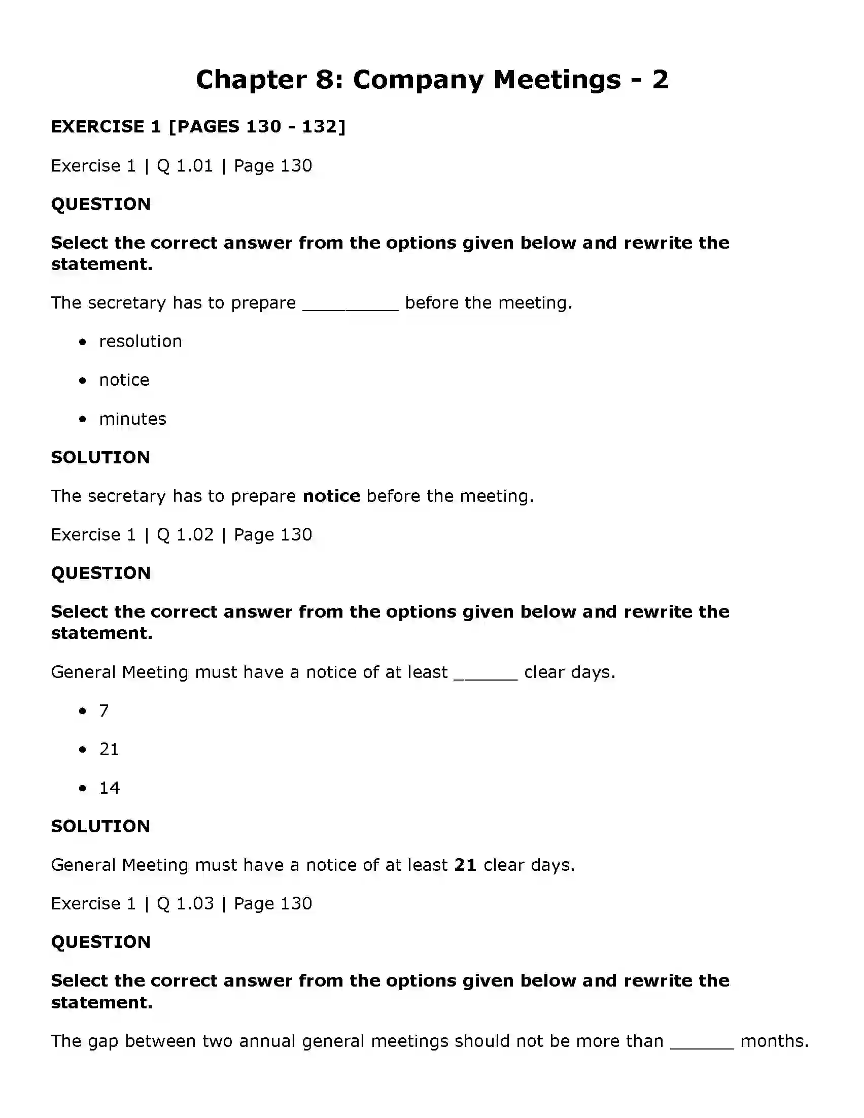 Maharashtra Board Class 11th Secretarial Practice Company Meetings - 2 Solution 1