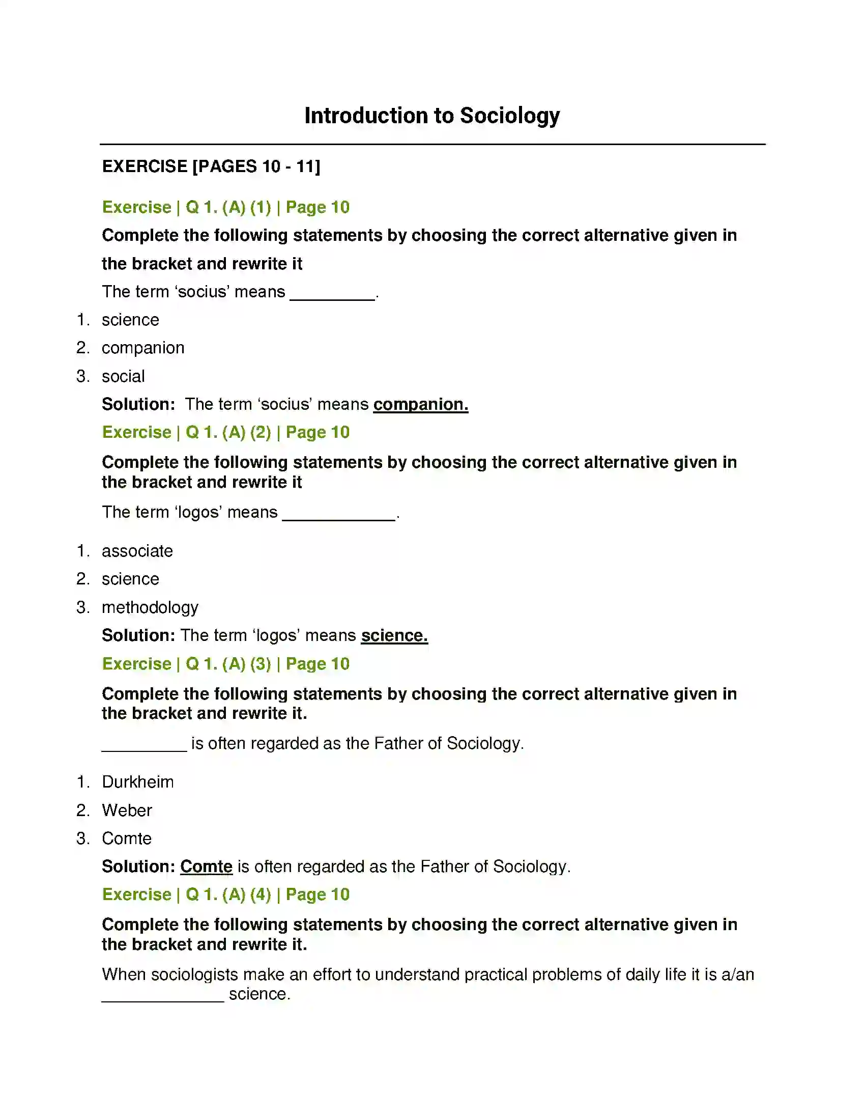 Maharashtra Board Class 11th Sociology Introduction to Sociology Solution 1