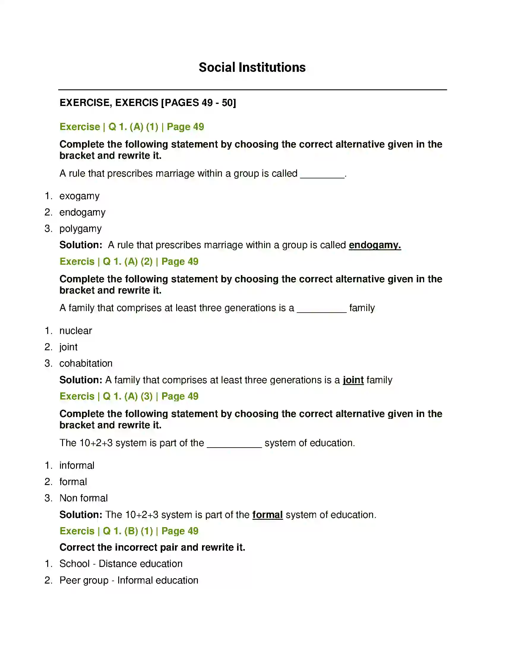 Maharashtra Board Class 11th Sociology Social Institutions Solution 1