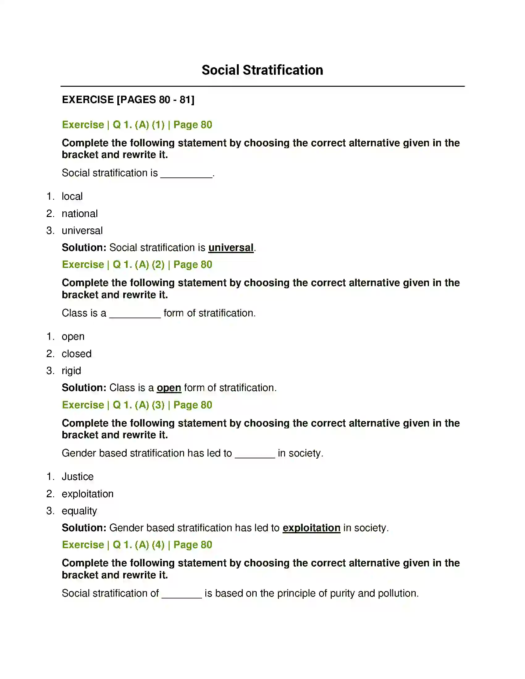 Maharashtra Board Class 11th Sociology Social Stratification Solution 1