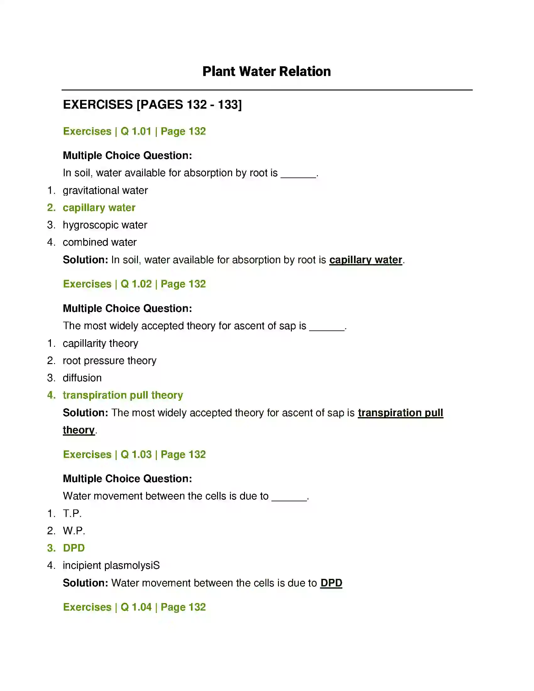 Maharashtra Board Class 12th Biology Plant Water Relation Solution 1