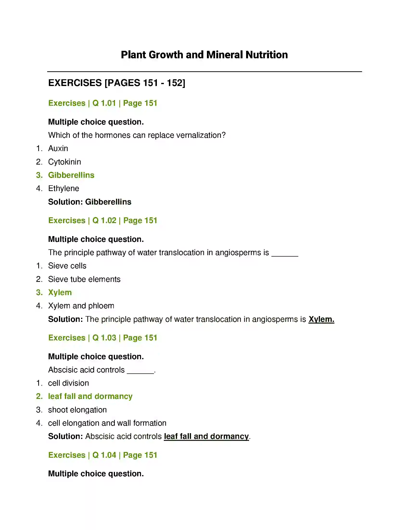 Maharashtra Board Class 12th Biology Plant Growth and Mineral Nutrition Solution 1