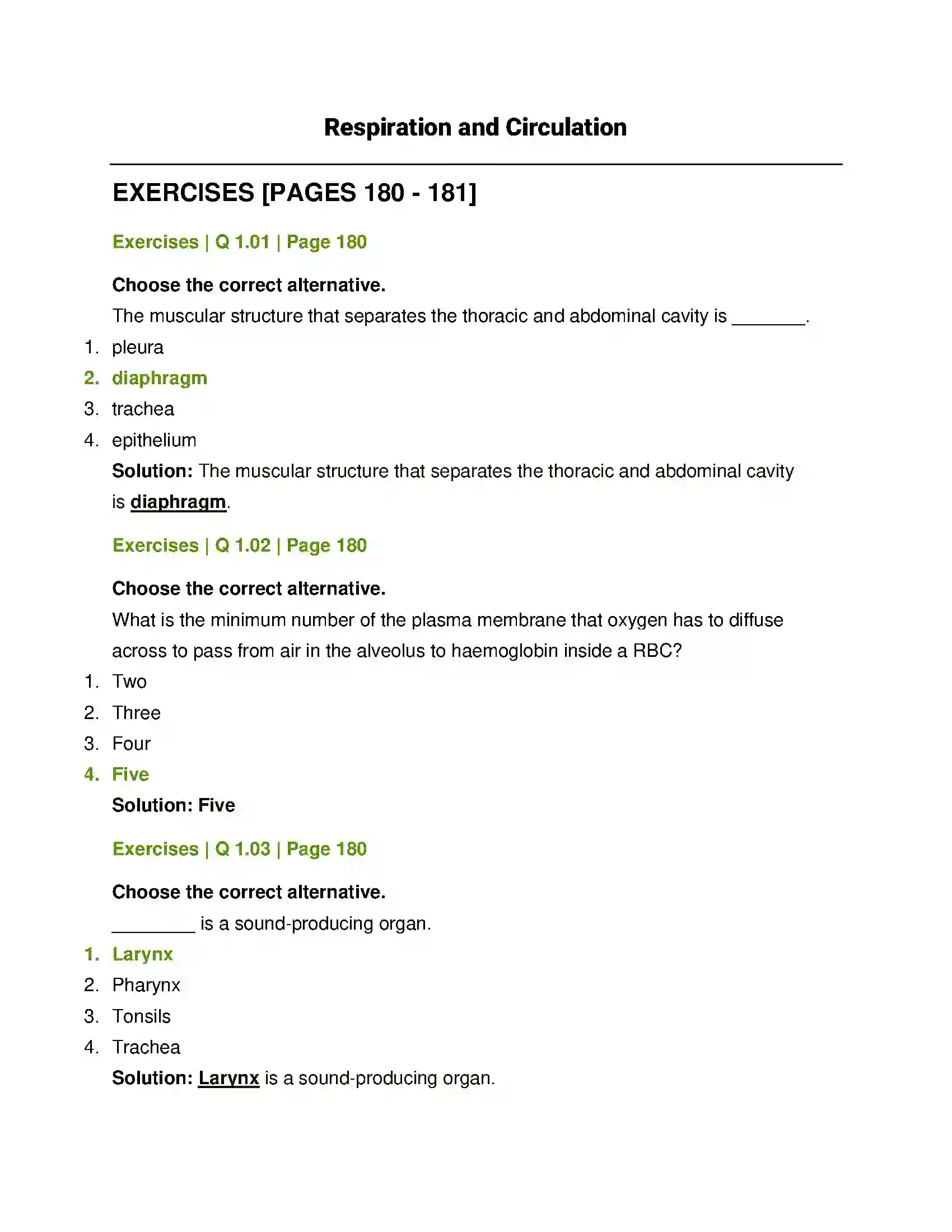 Maharashtra Board Class 12th Biology Respiration and Circulation Solution 1