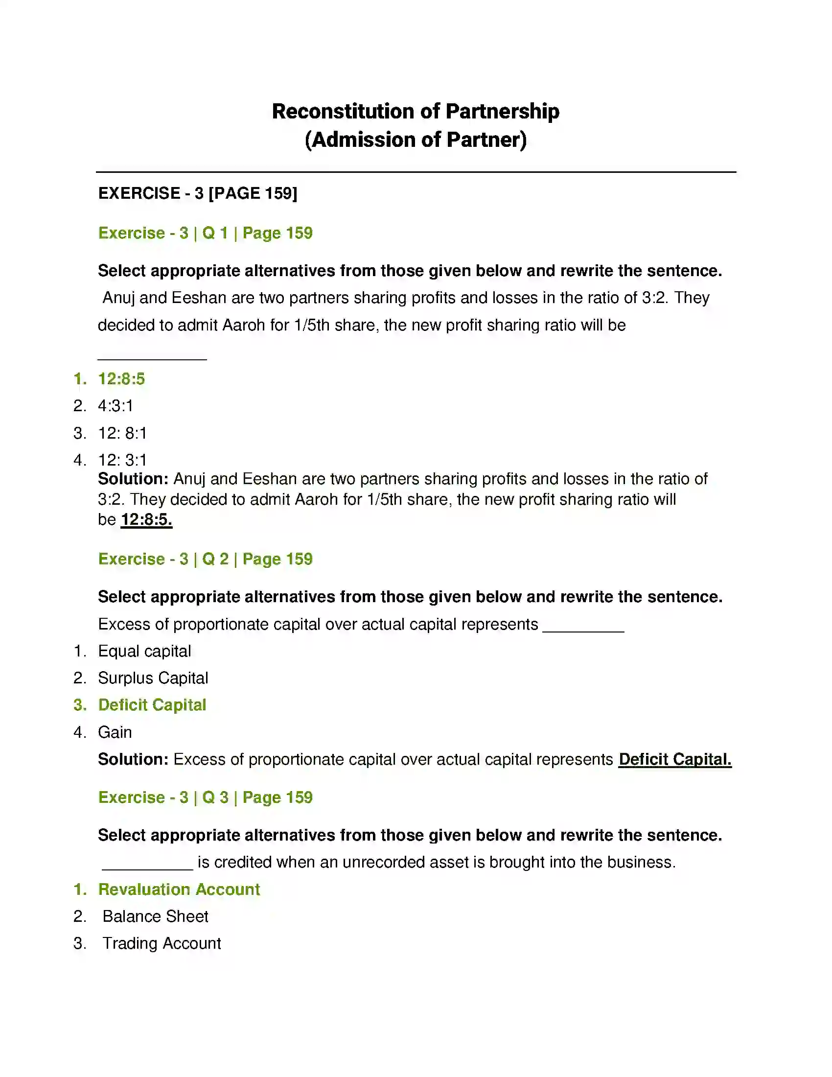 Maharashtra Board Class 12th Book Keeping & Accountancy Reconstitution of Partnership (Admission of Partner) Solution 1