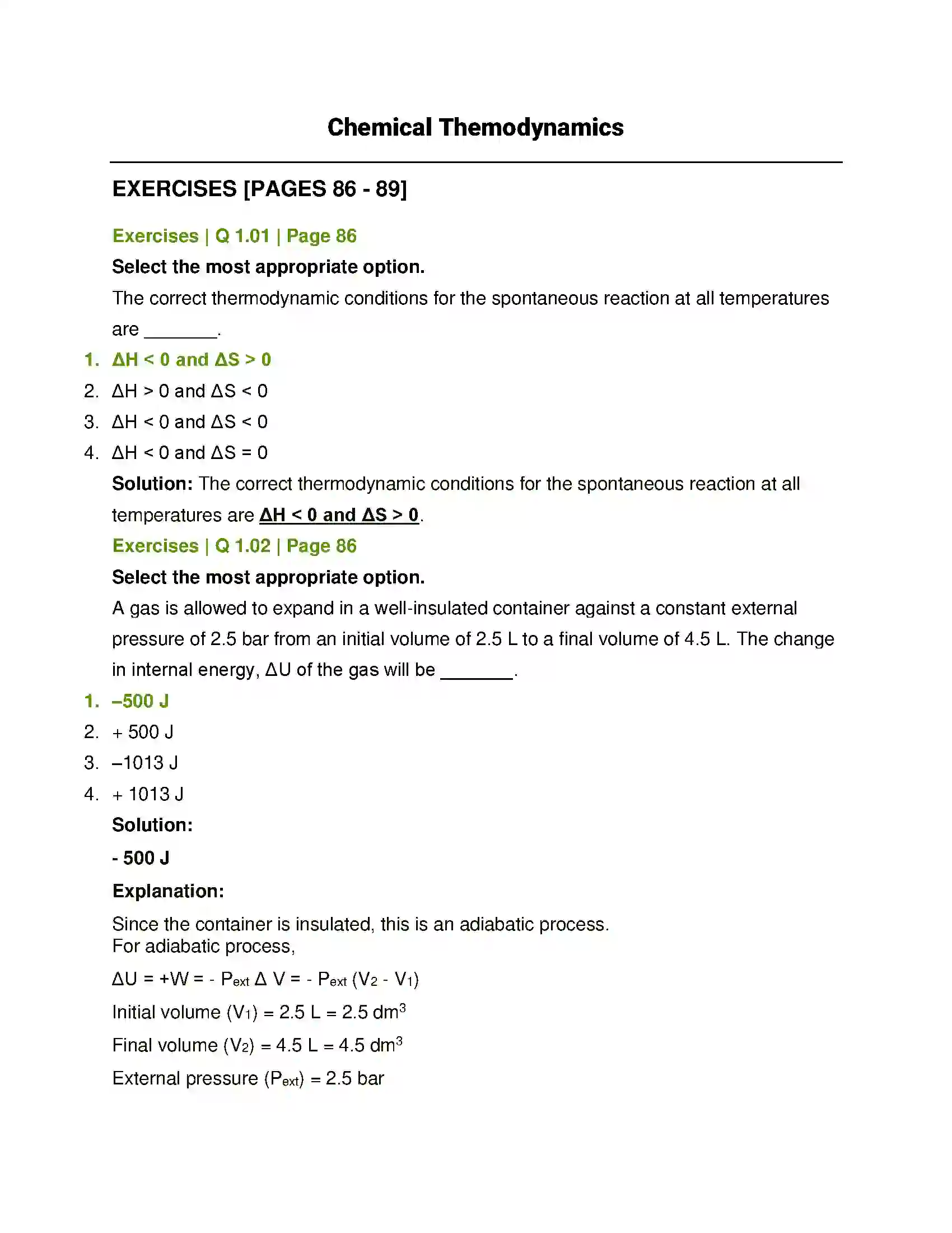 Maharashtra Board Class 12th Chemistry Chemical Thermodynamics Solution 1