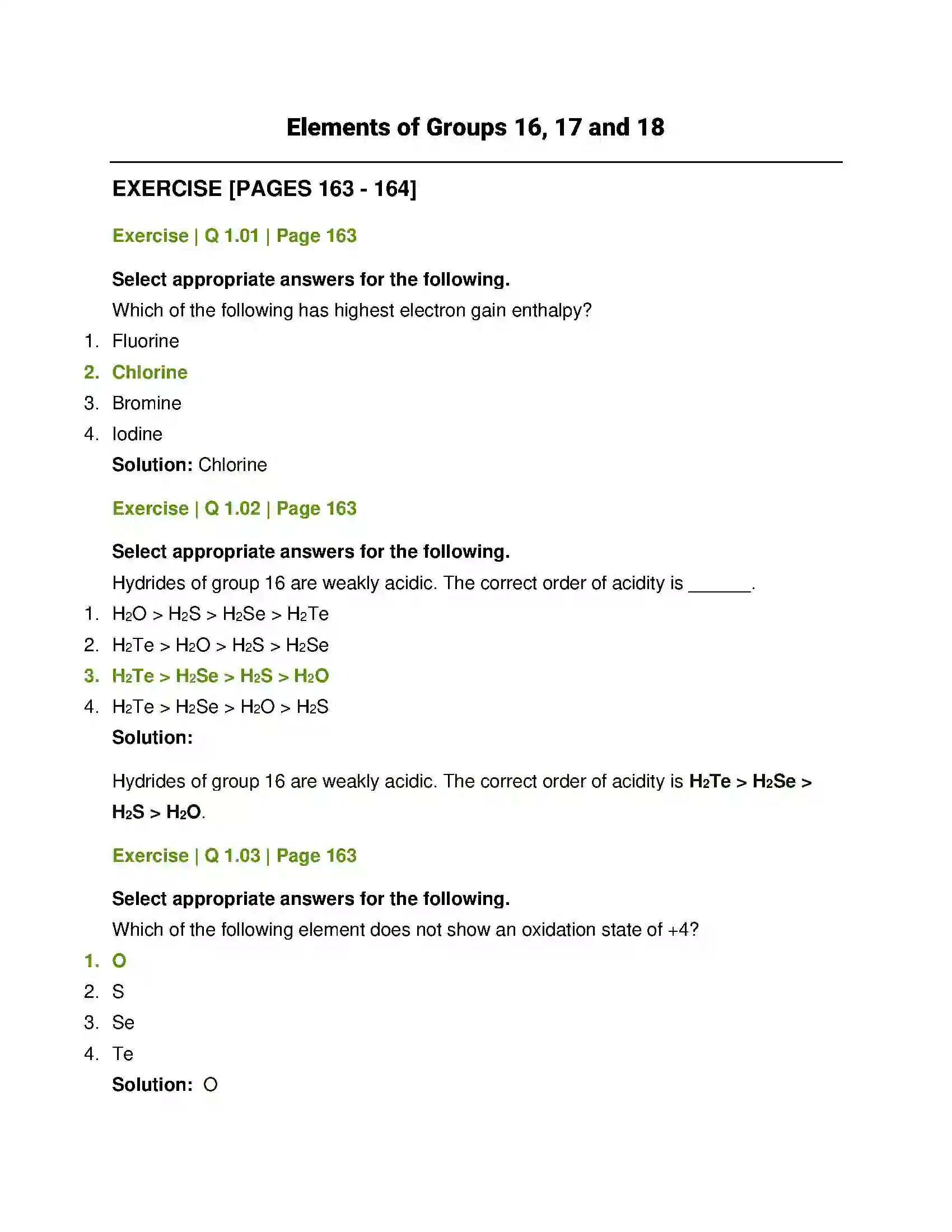 Maharashtra Board Class 12th Chemistry Elements of Groups 16, 17 and 18 Solution 1