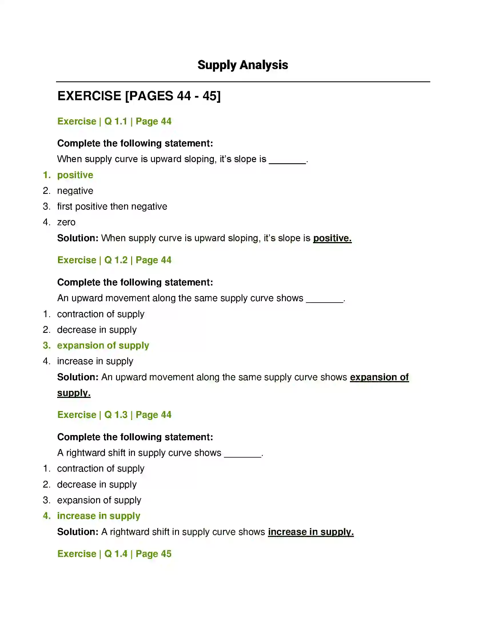 Maharashtra Board Class 12th Economics Supply Analysis Solution 1