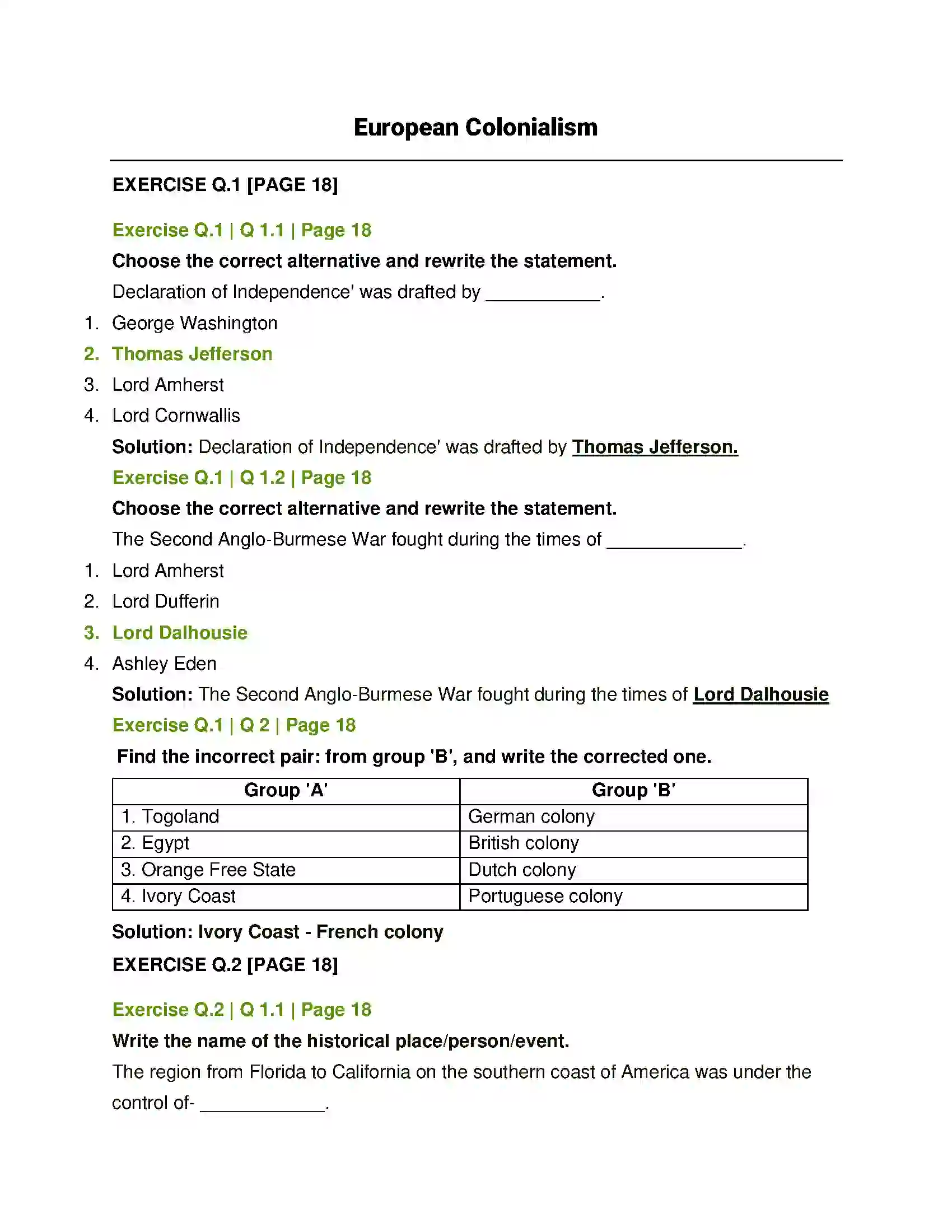 Maharashtra Board Class 12th History European Colonialism Solution 1