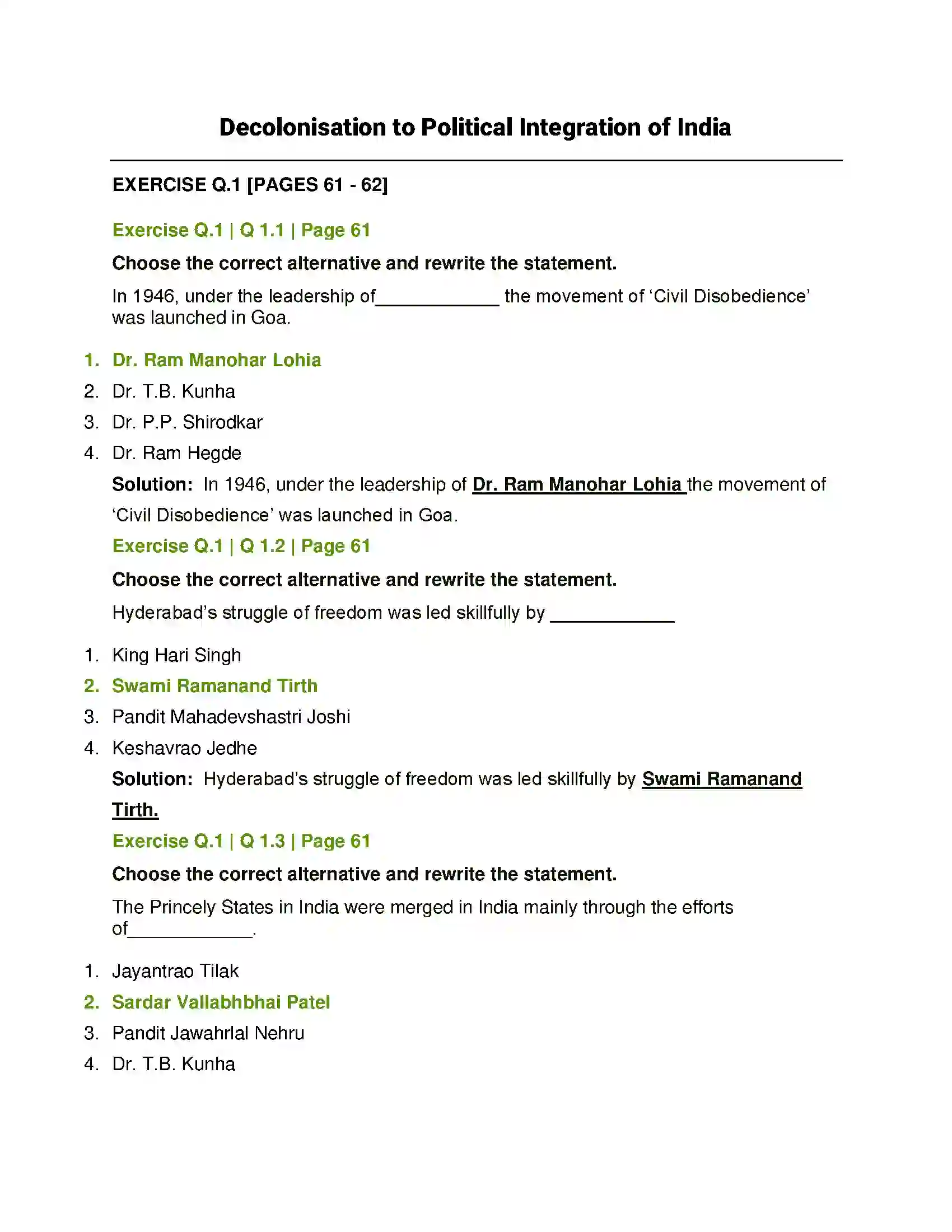 Maharashtra Board Class 12th History Decolonisation to Political Integration of India Solution 1
