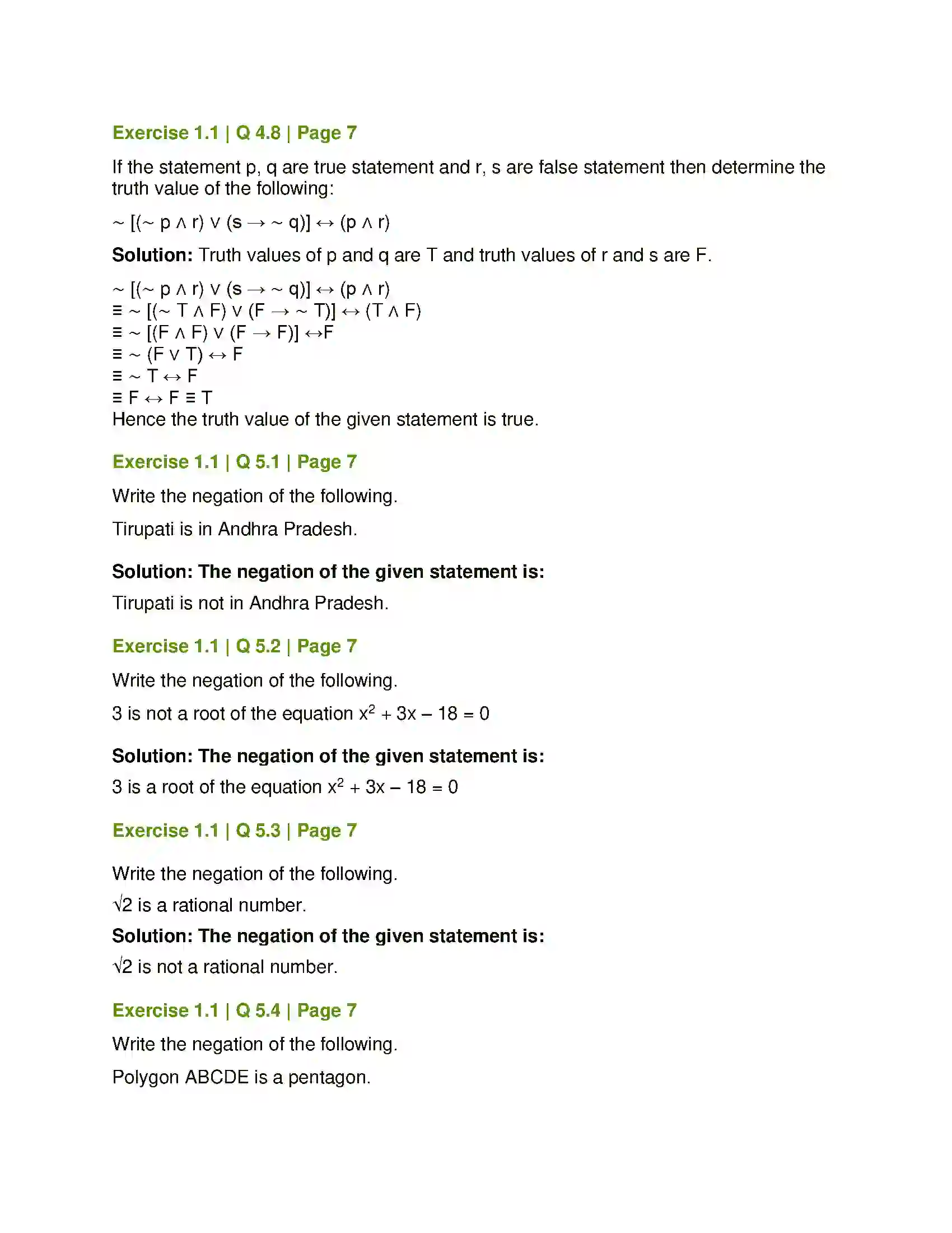 Maharashtra Board Class 12th Mathematics & Statistics-1 (Arts & Science) Mathematical Logic Solution 9