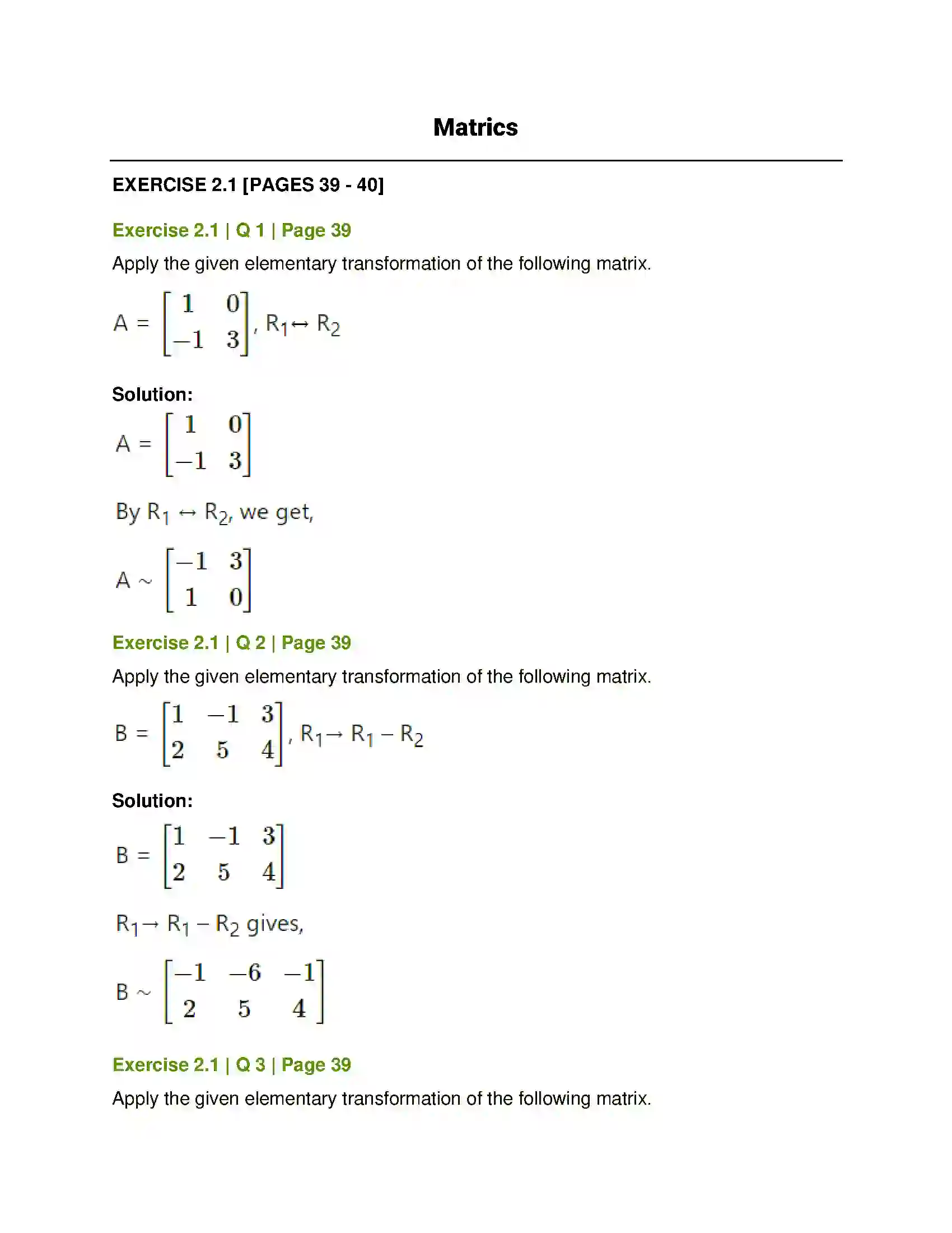 Maharashtra Board Class 12th Mathematics & Statistics-1 (Arts & Science) Matrics Solution 1