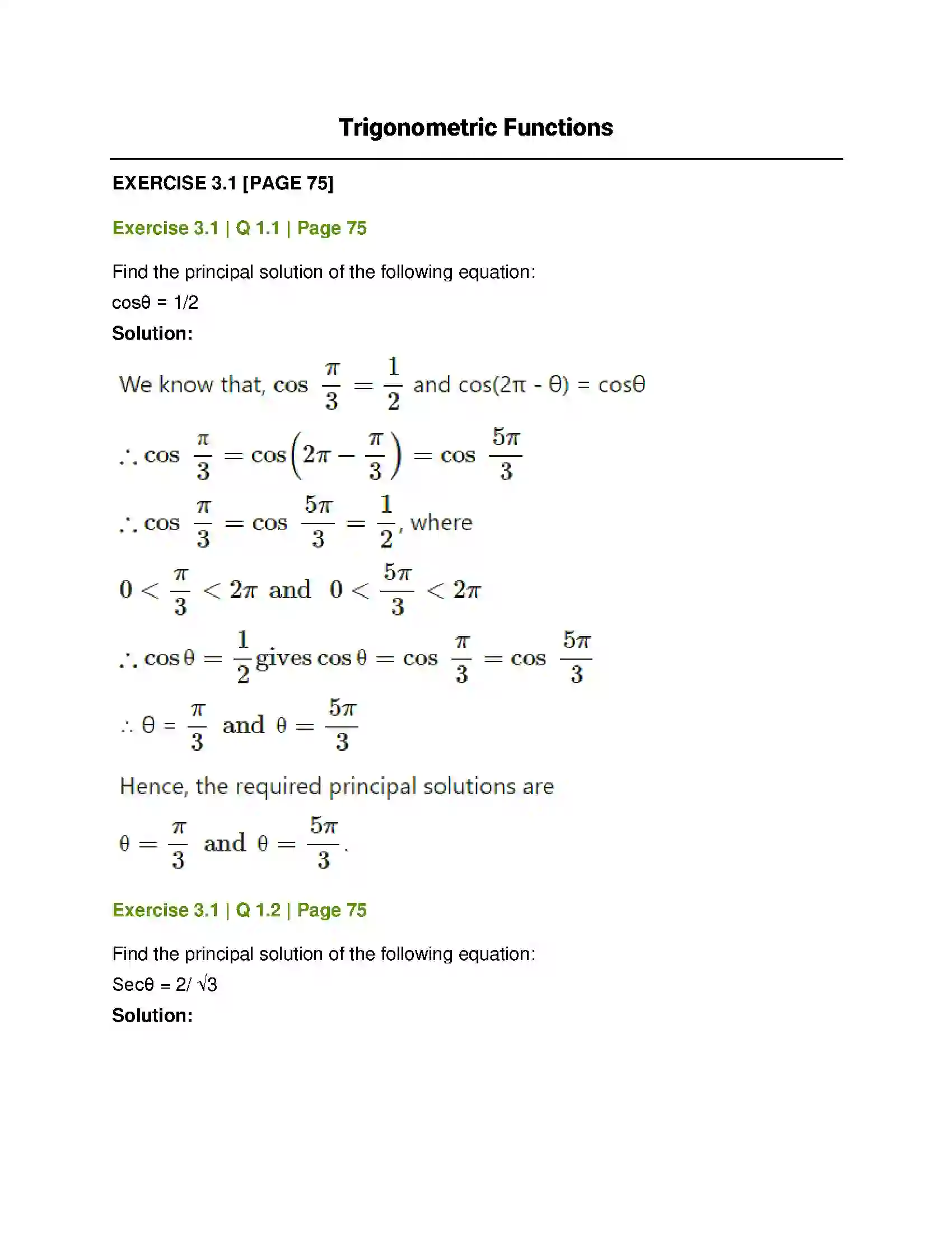 Maharashtra Board Class 12th Mathematics & Statistics-1 (Arts & Science) Trigonometric Functions Solution 1