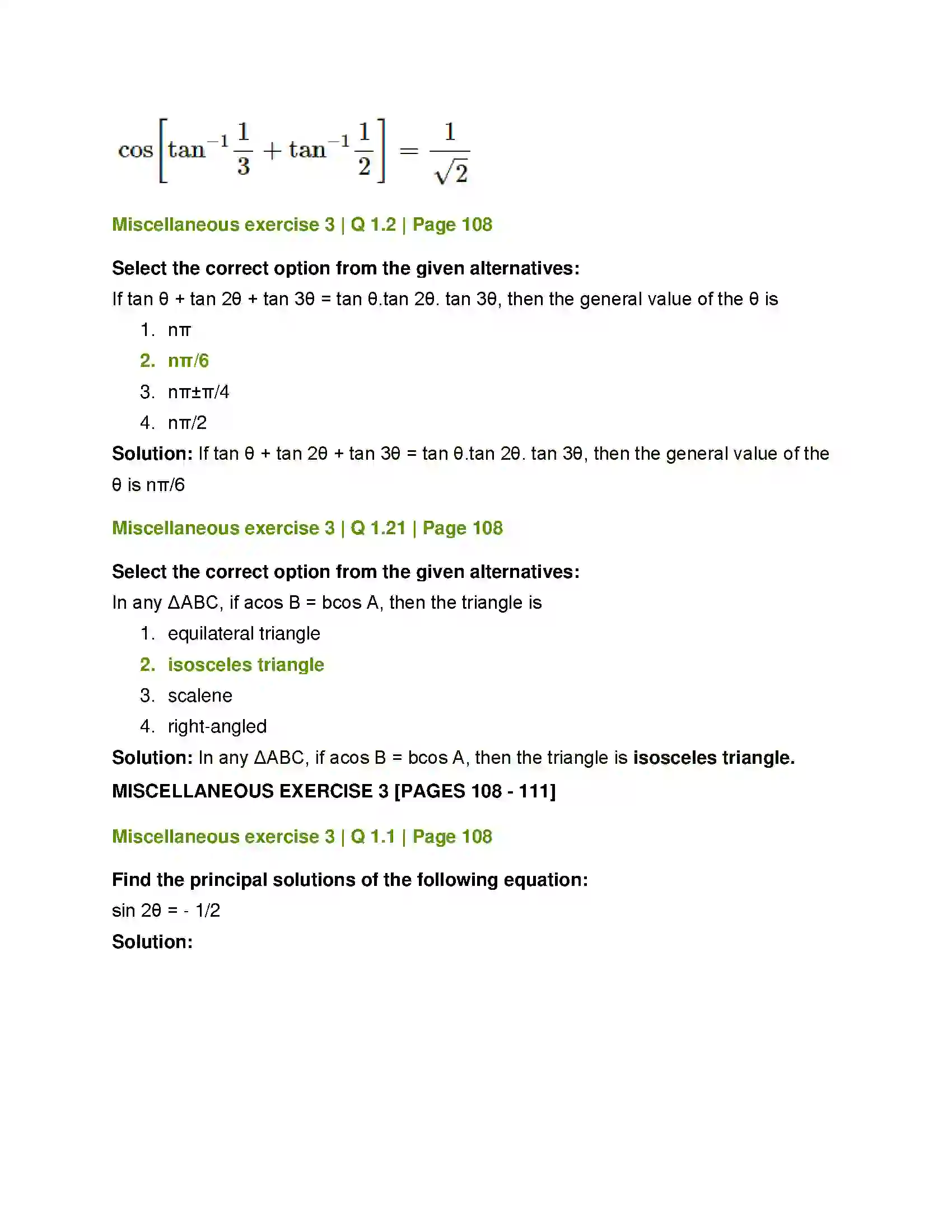 Maharashtra Board Class 12th Mathematics & Statistics-1 (Arts & Science) Trigonometric Functions Solution 62