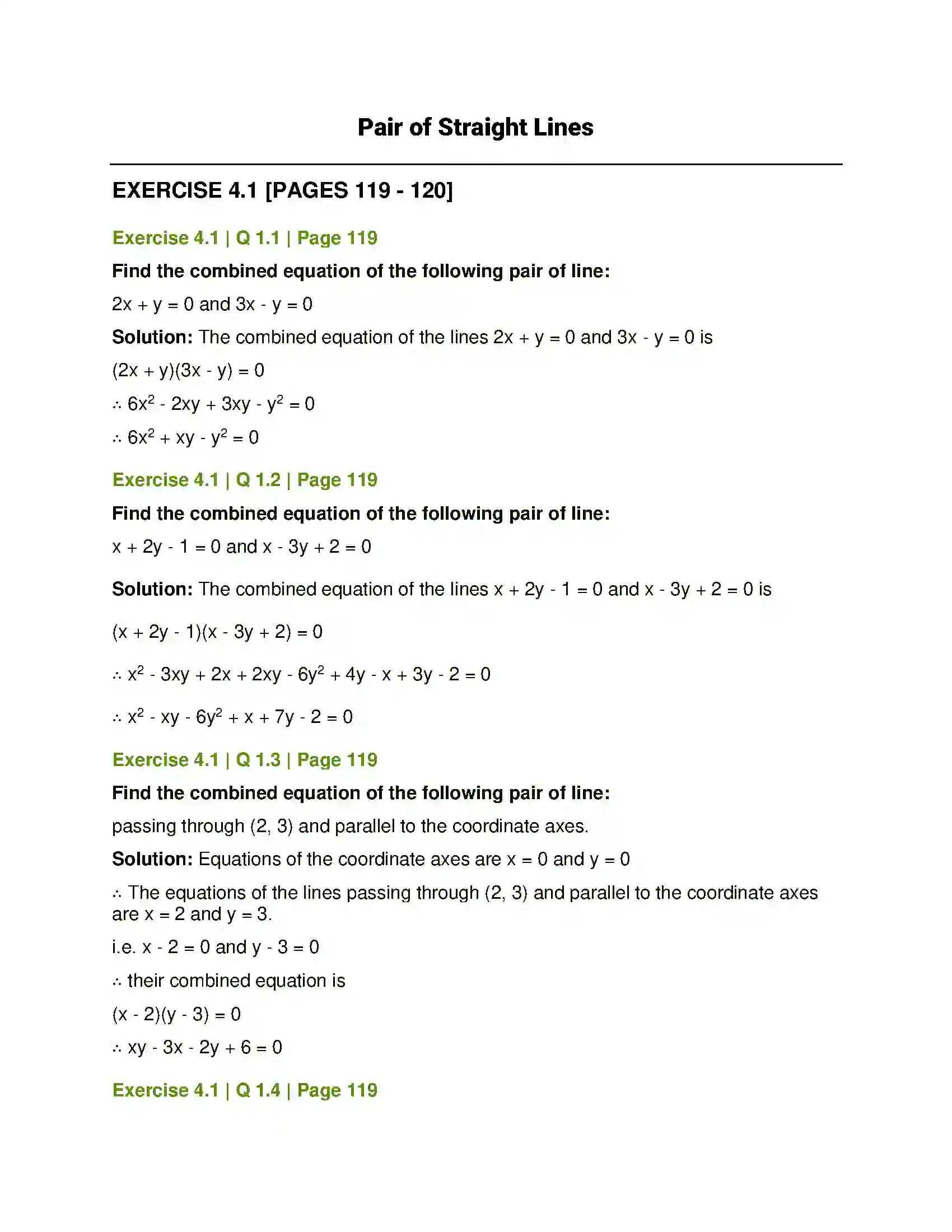 Maharashtra Board Class 12th Mathematics & Statistics-1 (Arts & Science) Pair of Straight Lines Solution 1