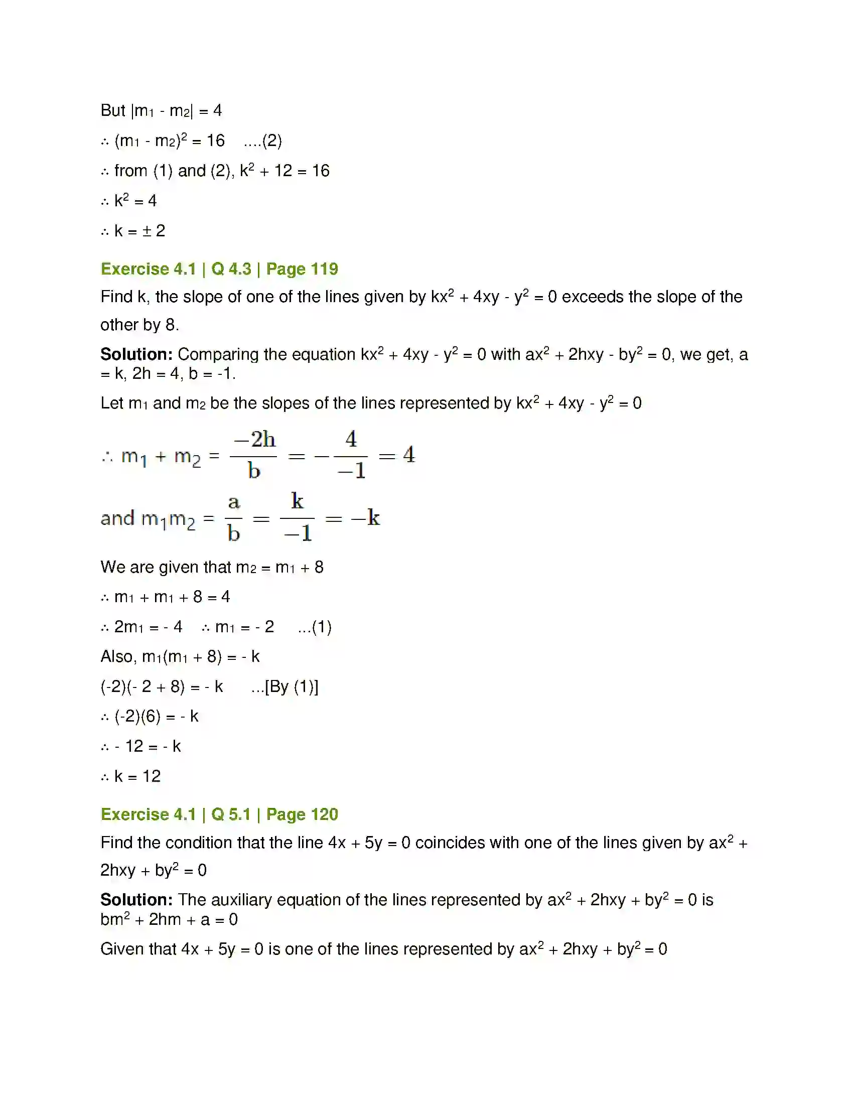 Maharashtra Board Class 12th Mathematics & Statistics-1 (Arts & Science) Pair of Straight Lines Solution 11