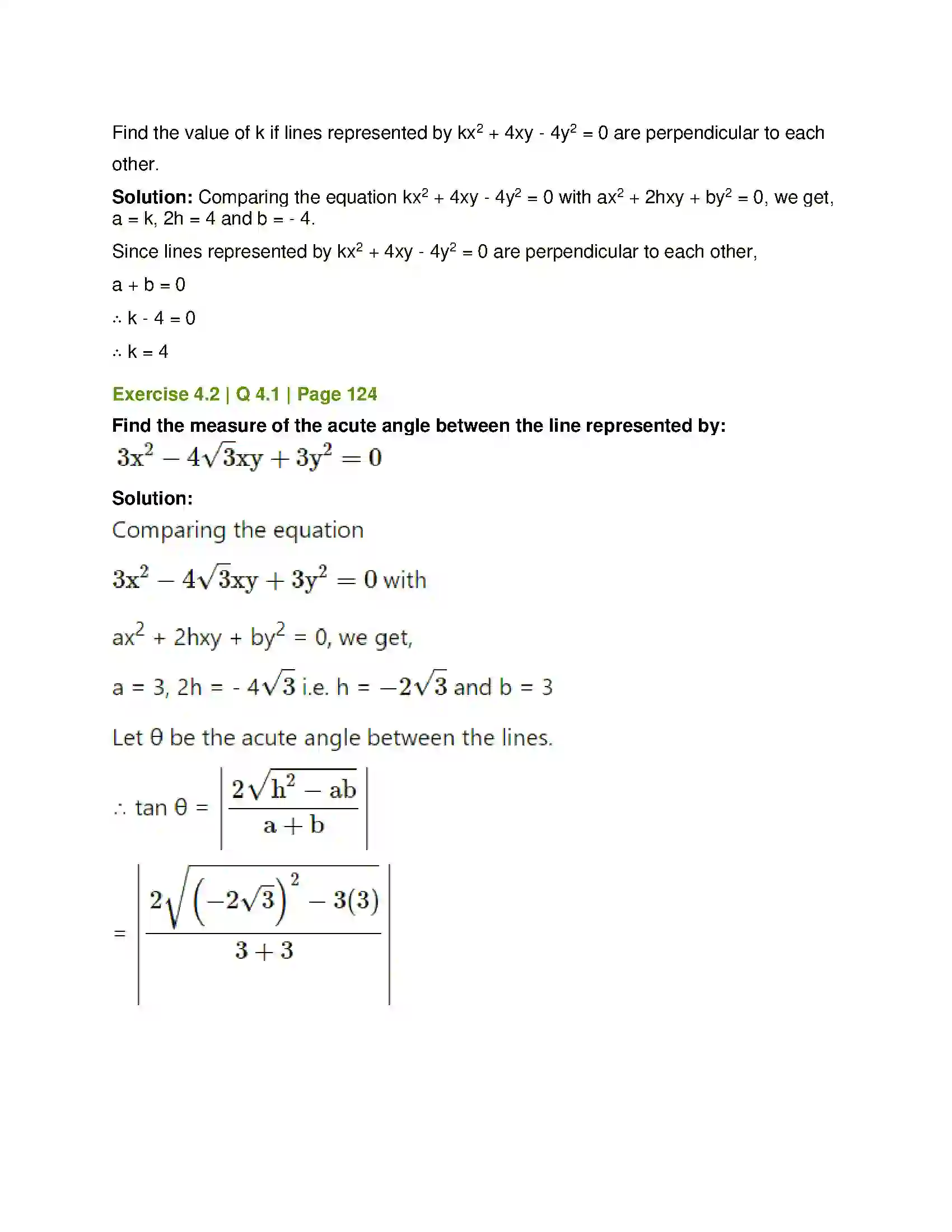 Maharashtra Board Class 12th Mathematics & Statistics-1 (Arts & Science) Pair of Straight Lines Solution 17
