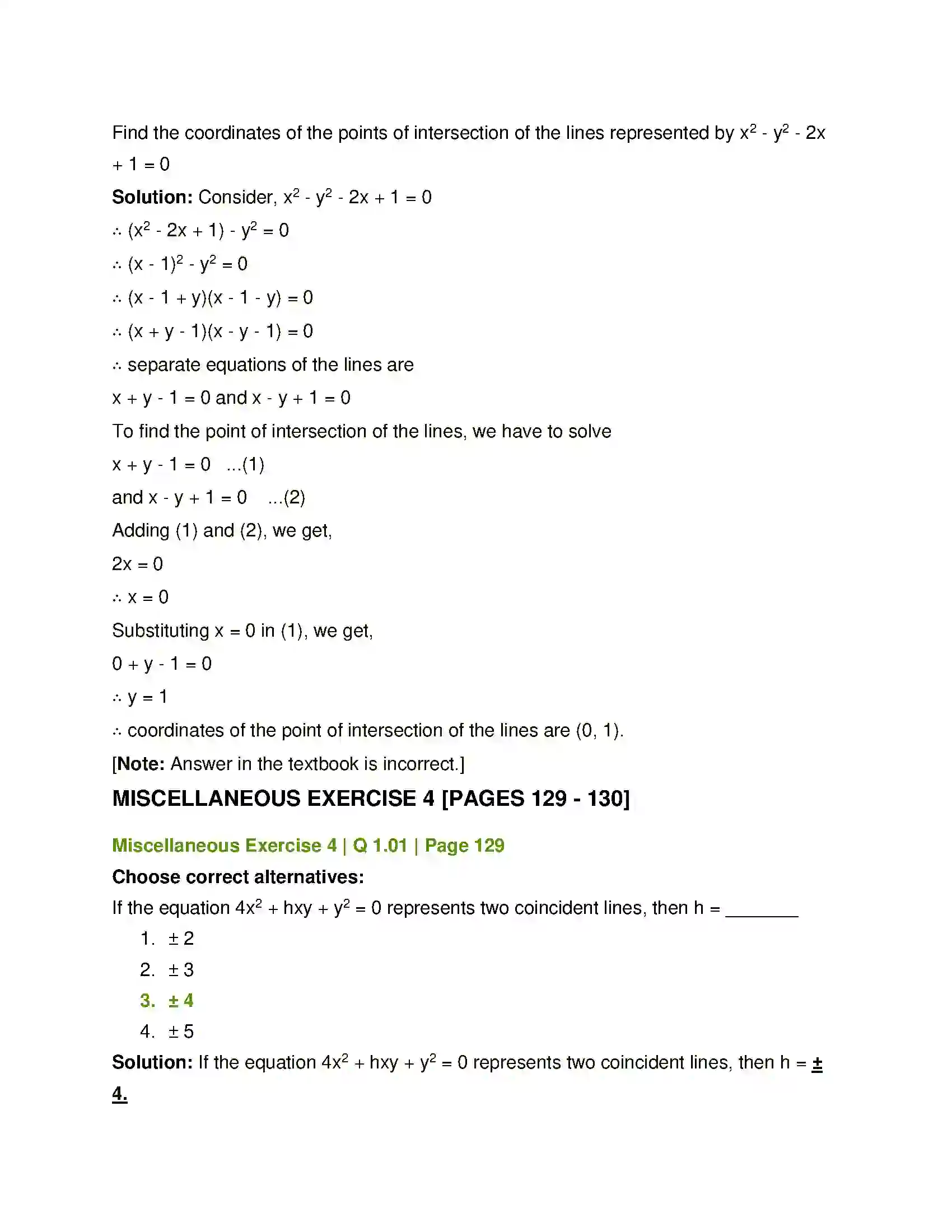 Maharashtra Board Class 12th Mathematics & Statistics-1 (Arts & Science) Pair of Straight Lines Solution 39