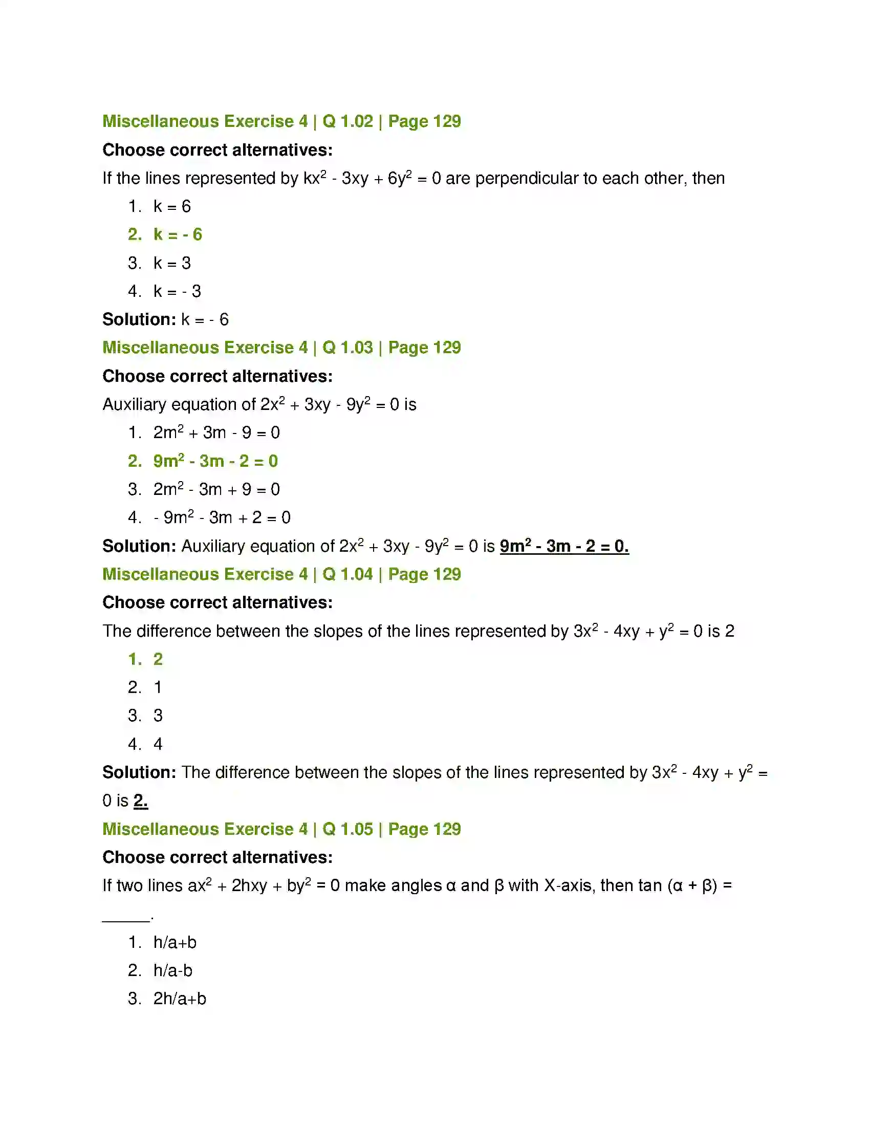 Maharashtra Board Class 12th Mathematics & Statistics-1 (Arts & Science) Pair of Straight Lines Solution 40
