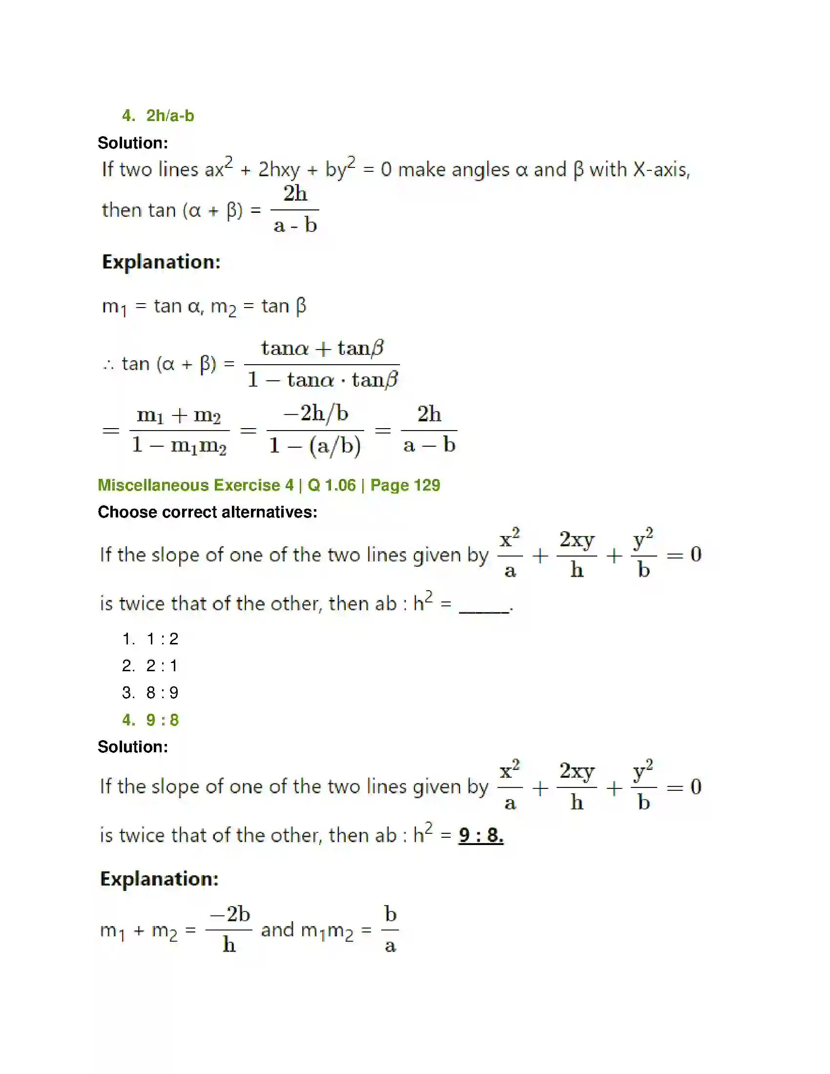 Maharashtra Board Class 12th Mathematics & Statistics-1 (Arts & Science) Pair of Straight Lines Solution 41