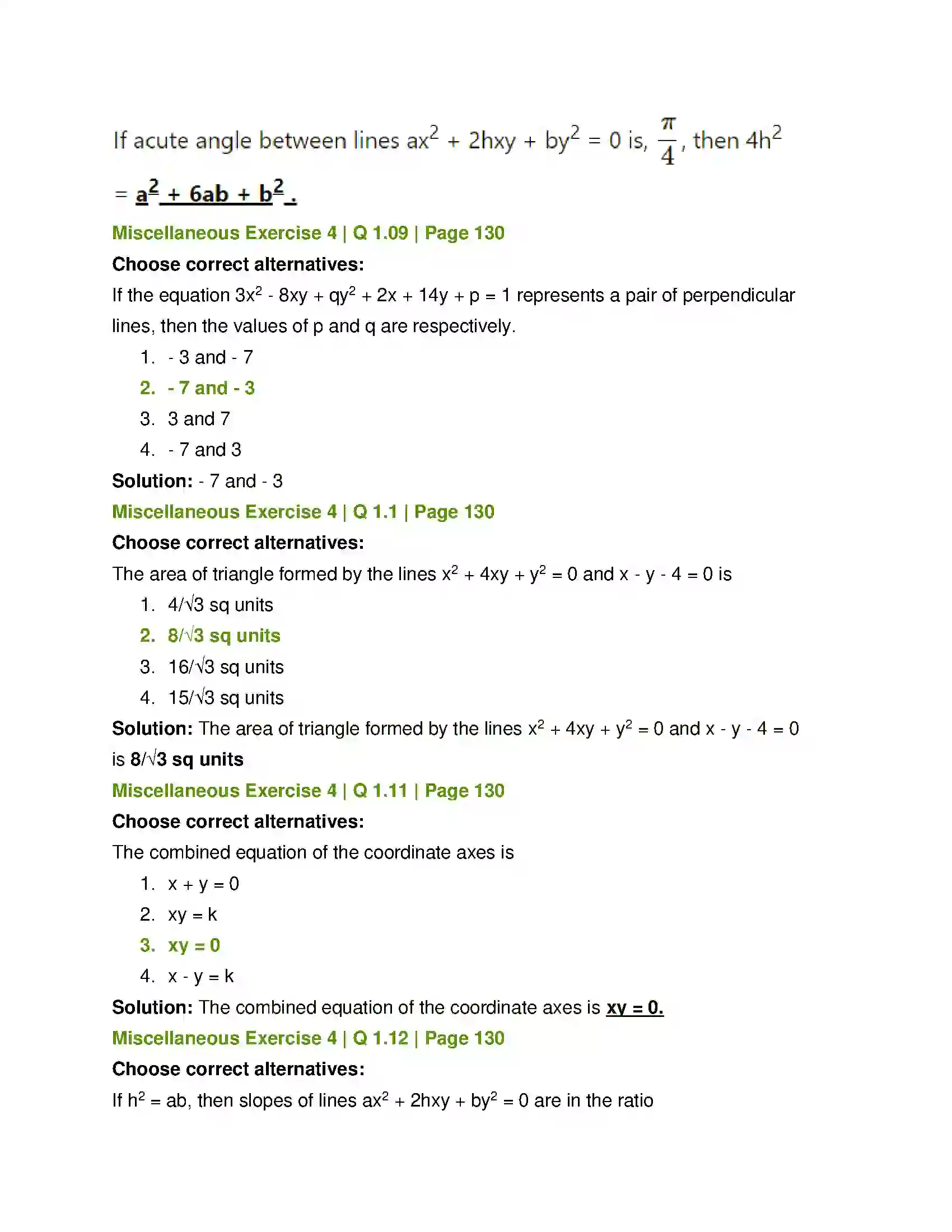 Maharashtra Board Class 12th Mathematics & Statistics-1 (Arts & Science) Pair of Straight Lines Solution 43