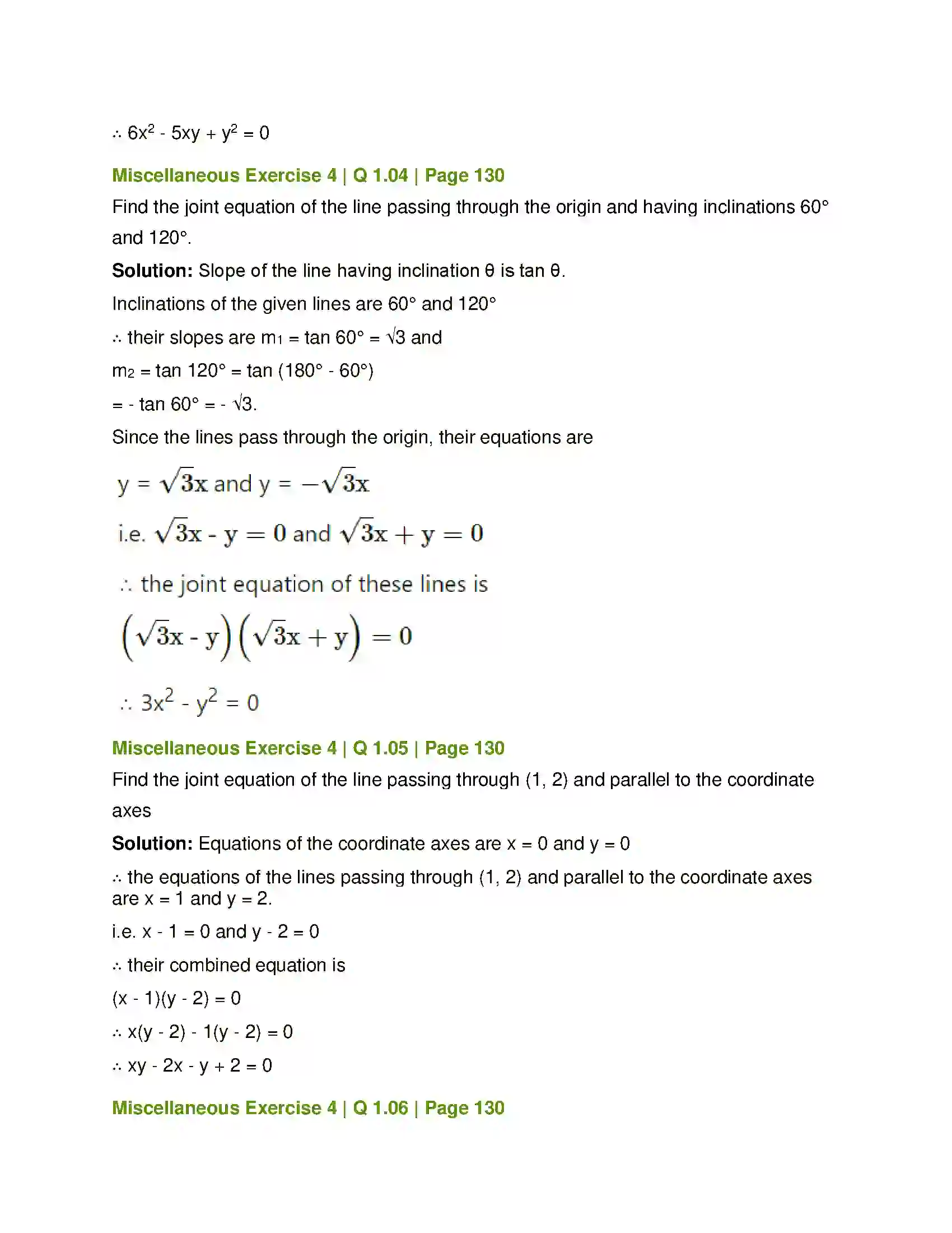 Maharashtra Board Class 12th Mathematics & Statistics-1 (Arts & Science) Pair of Straight Lines Solution 46