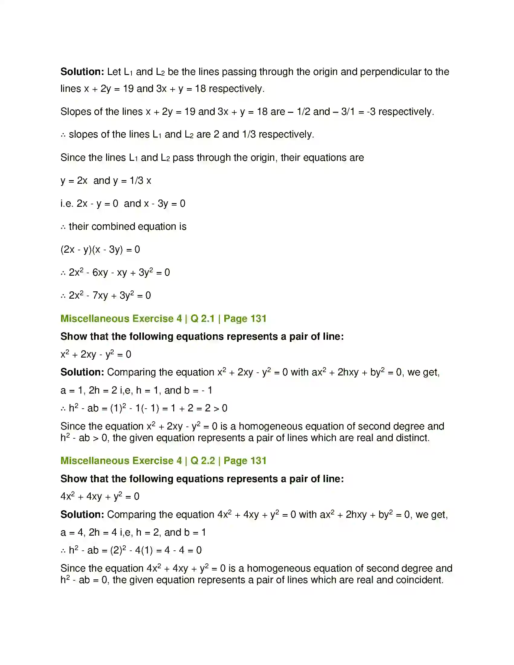 Maharashtra Board Class 12th Mathematics & Statistics-1 (Arts & Science) Pair of Straight Lines Solution 51