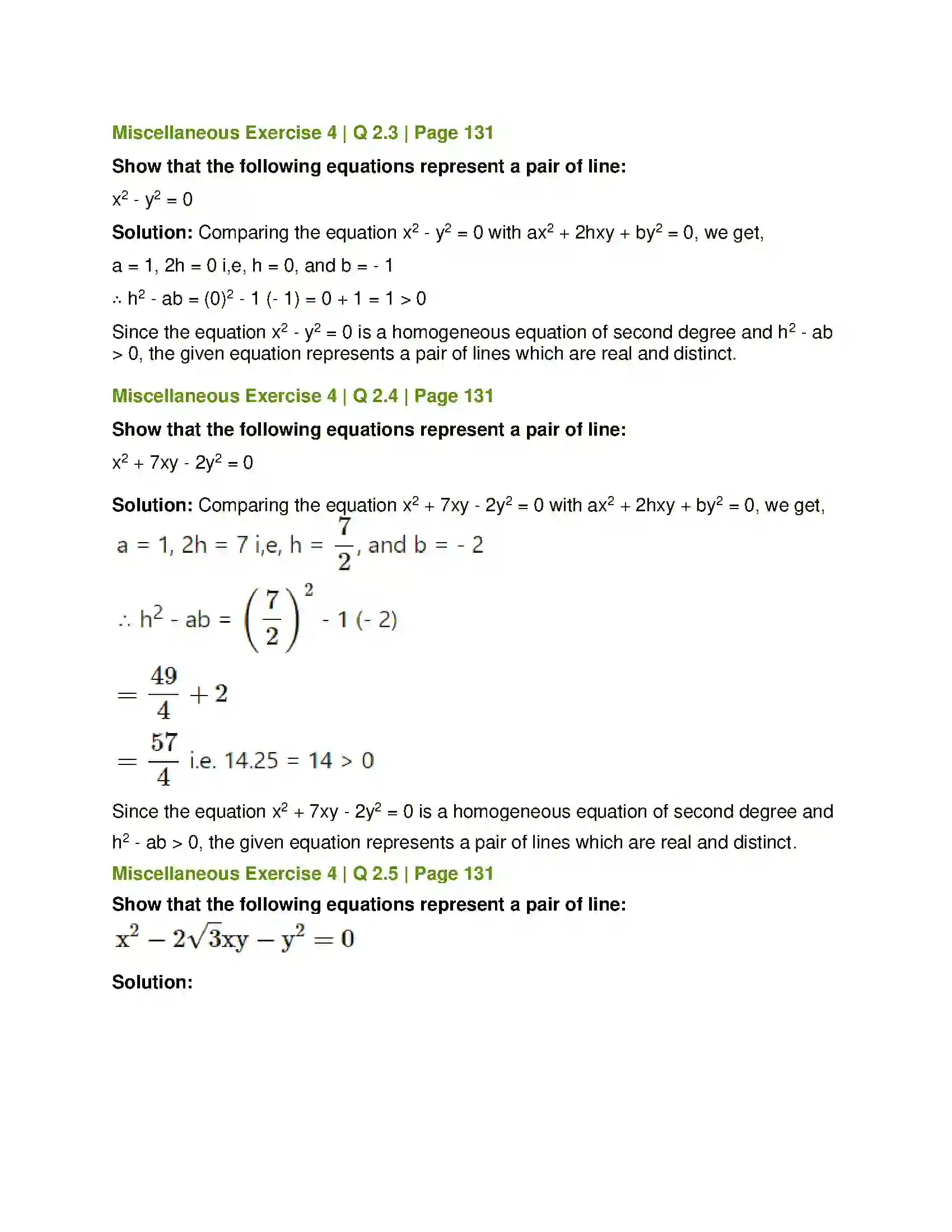 Maharashtra Board Class 12th Mathematics & Statistics-1 (Arts & Science) Pair of Straight Lines Solution 52