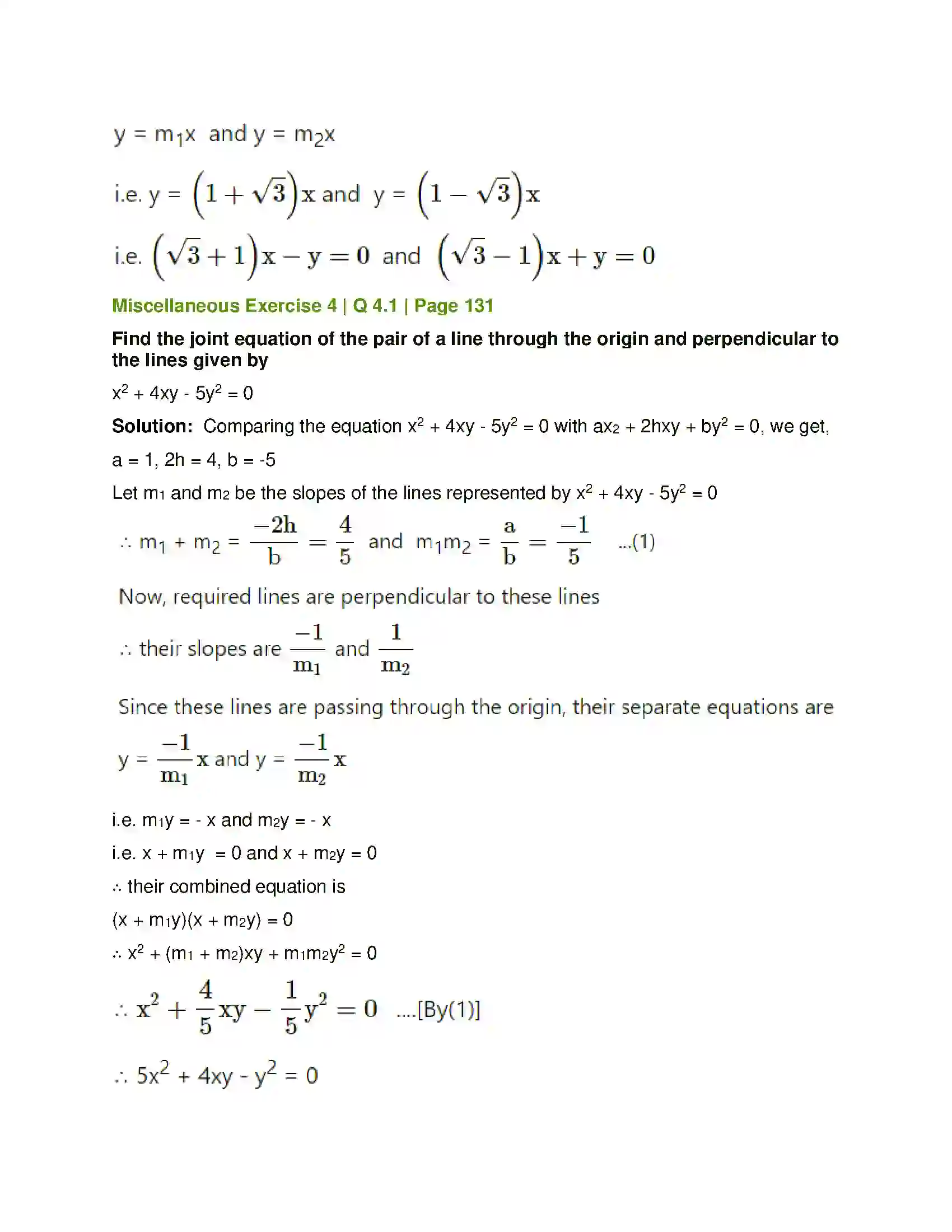 Maharashtra Board Class 12th Mathematics & Statistics-1 (Arts & Science) Pair of Straight Lines Solution 55