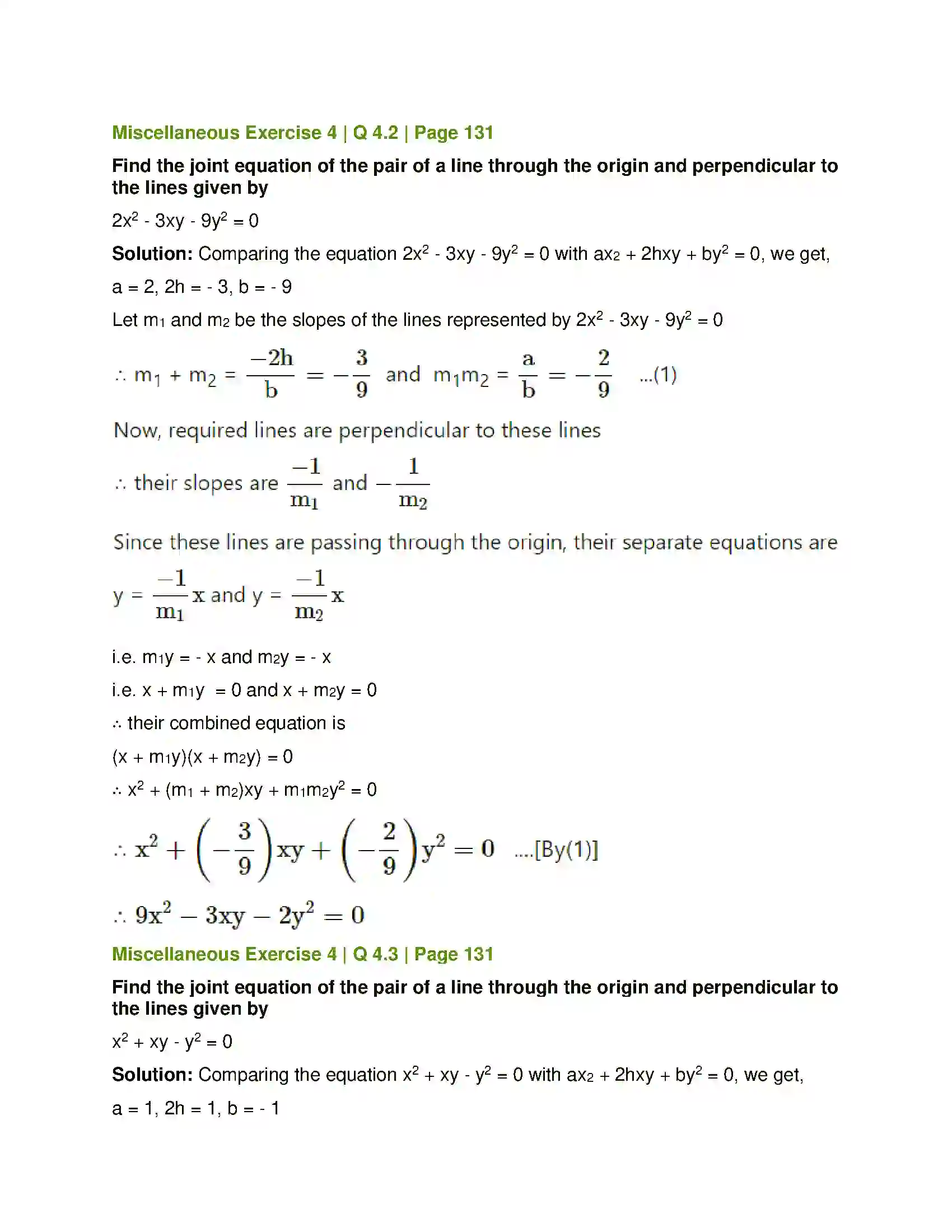 Maharashtra Board Class 12th Mathematics & Statistics-1 (Arts & Science) Pair of Straight Lines Solution 56