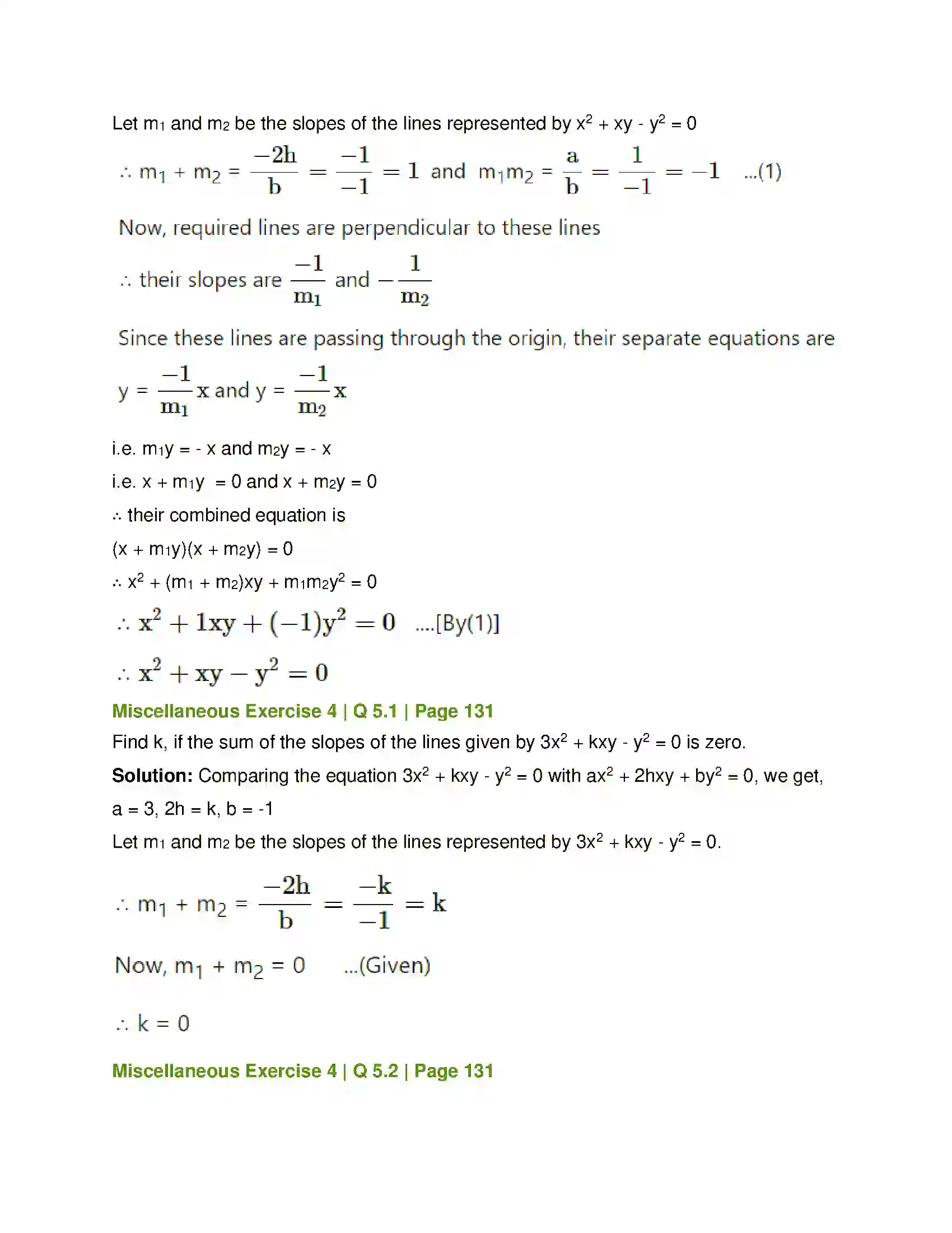 Maharashtra Board Class 12th Mathematics & Statistics-1 (Arts & Science) Pair of Straight Lines Solution 57